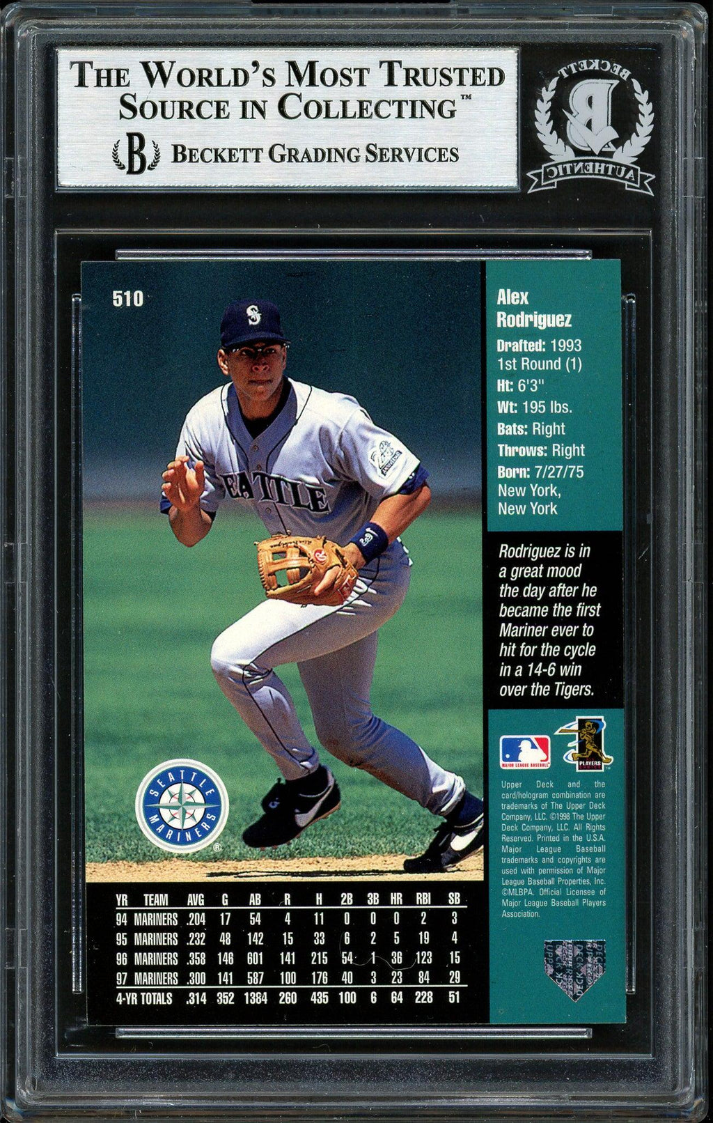 Alex Rodriguez Autographed 1998 Upper Deck Card #510 Seattle Mariners Beckett BAS #12410308