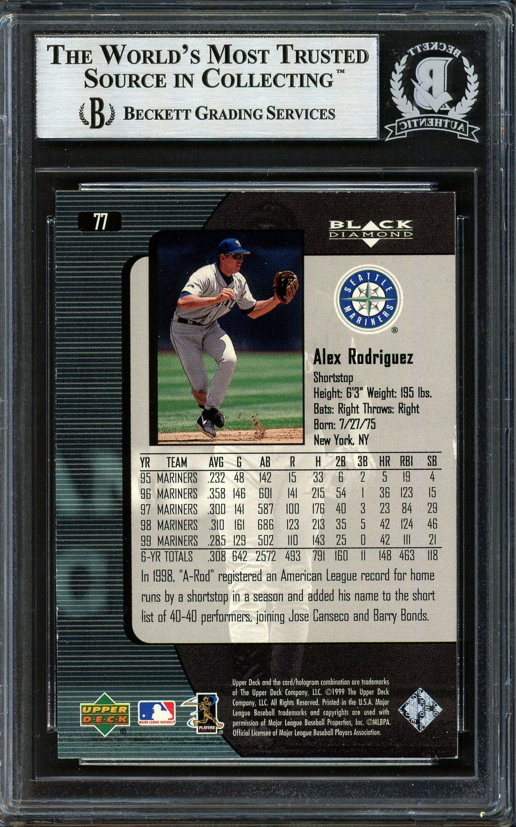 Alex Rodriguez Autographed 2000 Upper Deck Black Diamond Card #77 Seattle Mariners Beckett BAS #12410360