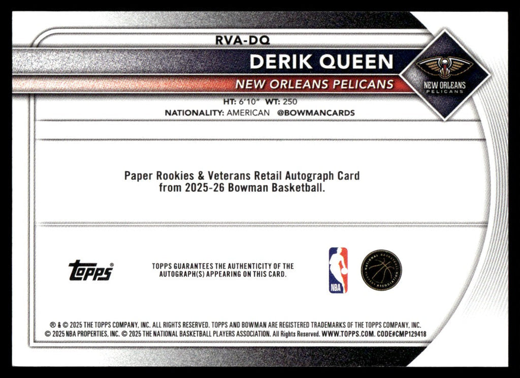 2025-26 Bowman Derik Queen Rookie RC True Red Auto /5