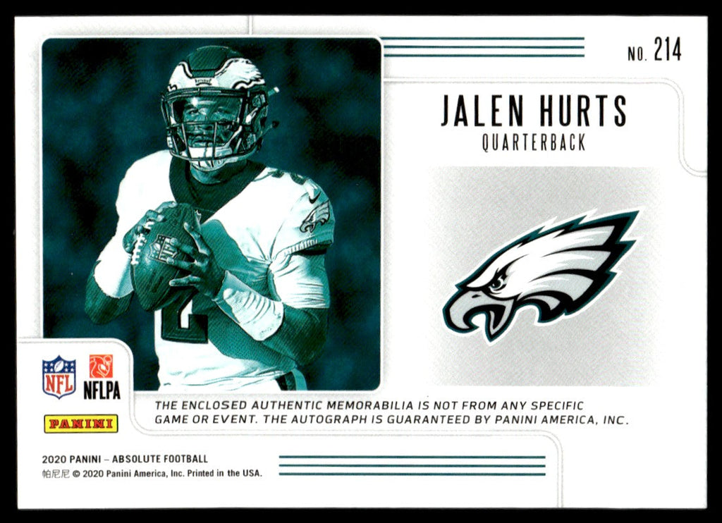 2020 Absolute #214 Jalen Hurts Rookie RC Premiere Patch Auto /49