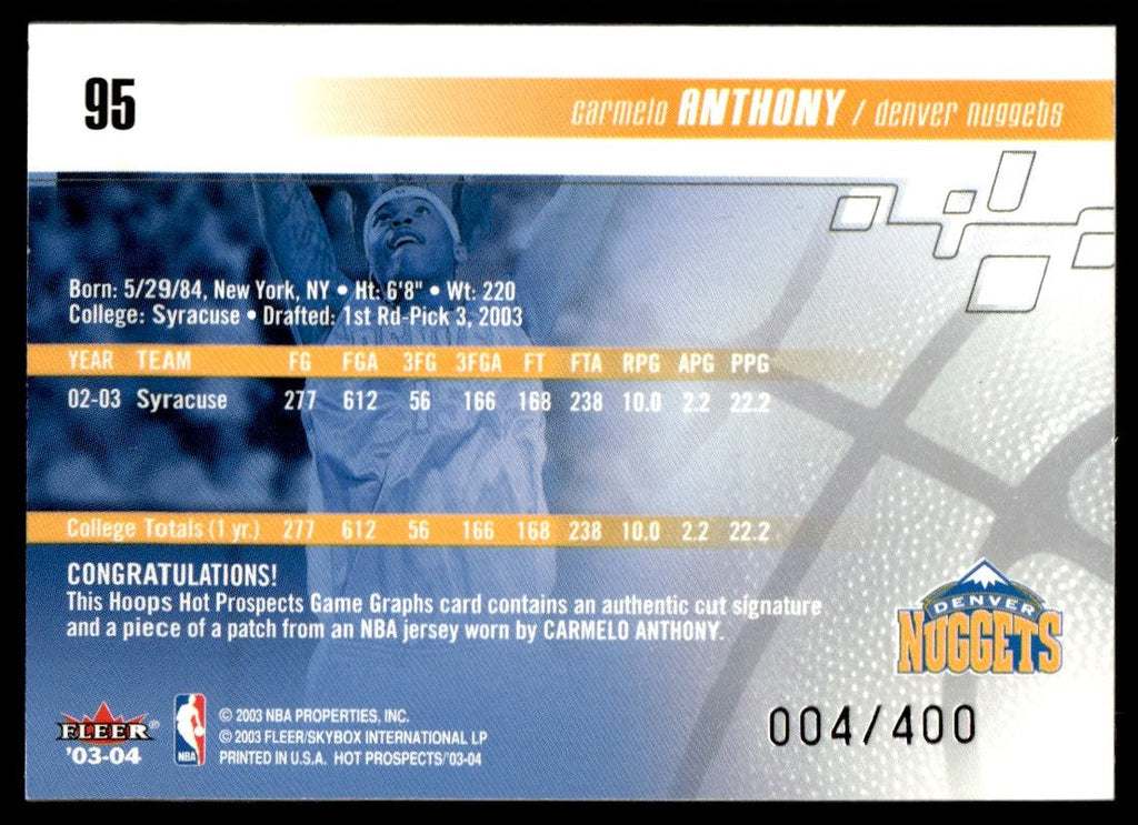 2003 Fleer Hoops Hot Prospects #95 Carmelo Anthony Game Graphs Patch Auto /400