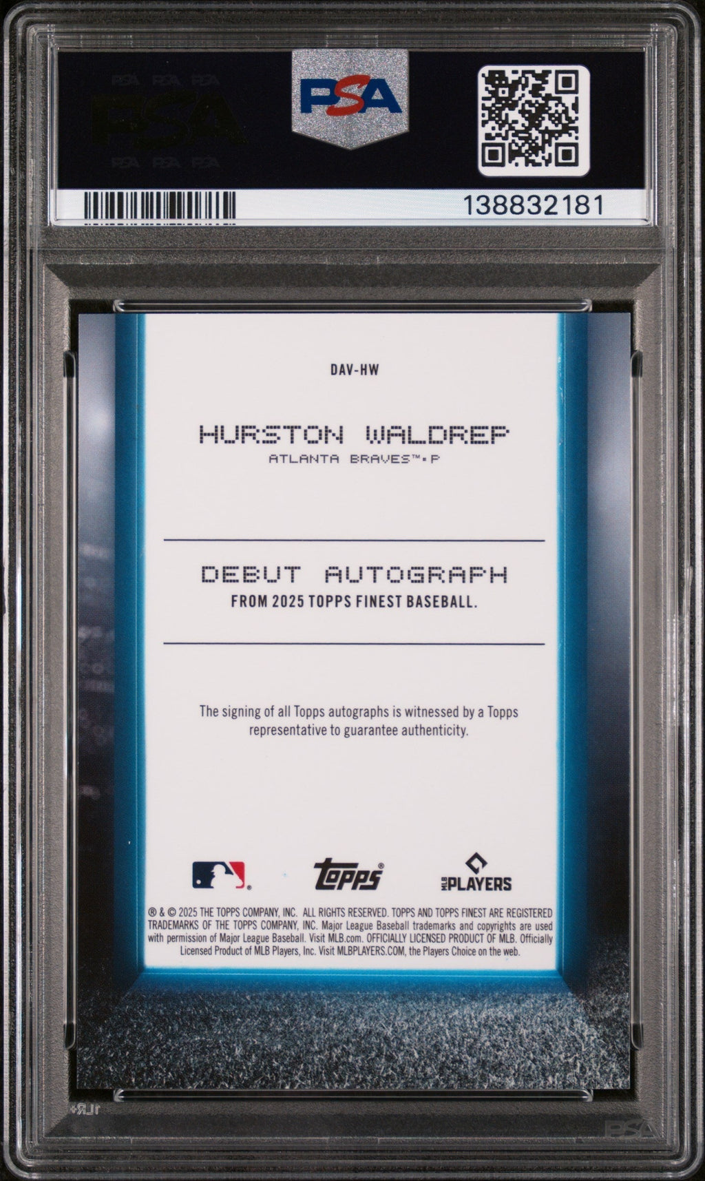 2025 Topps Finest Debut Autographs Green Refractor Hurston Waldrep #DAVHW /75 PSA 9