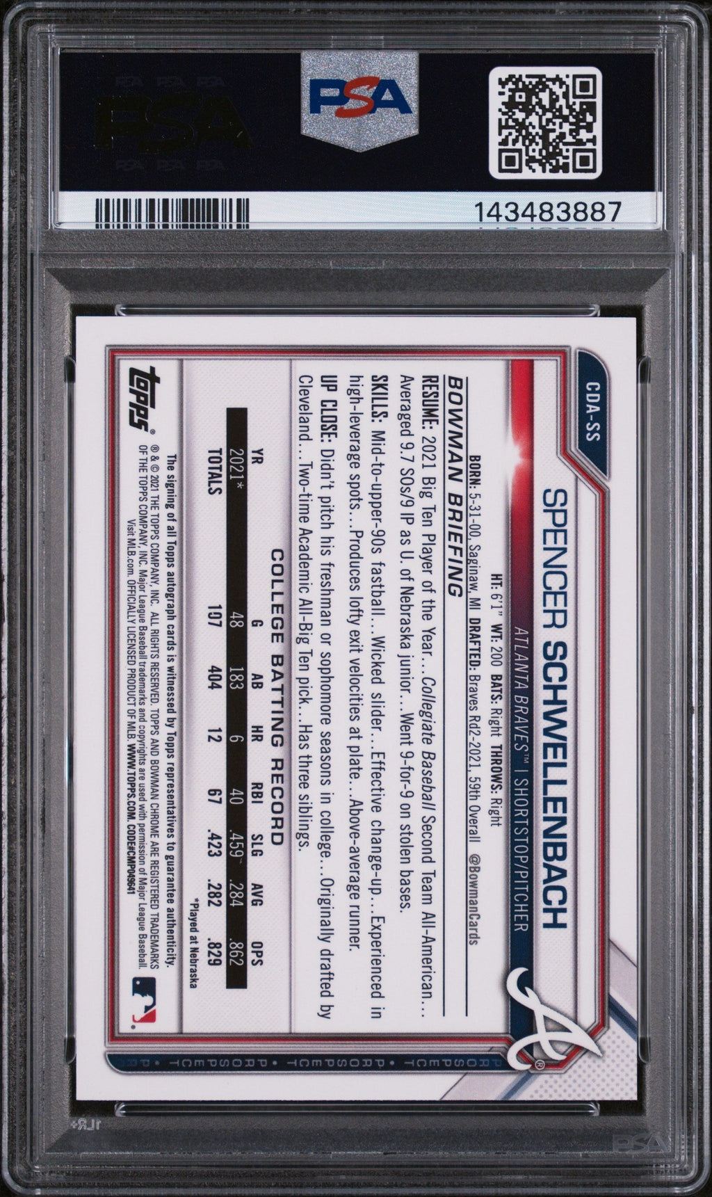 2021 Bowman Draft Chrome Autograph Spencer Schwellenbach #CDASS PSA 10
