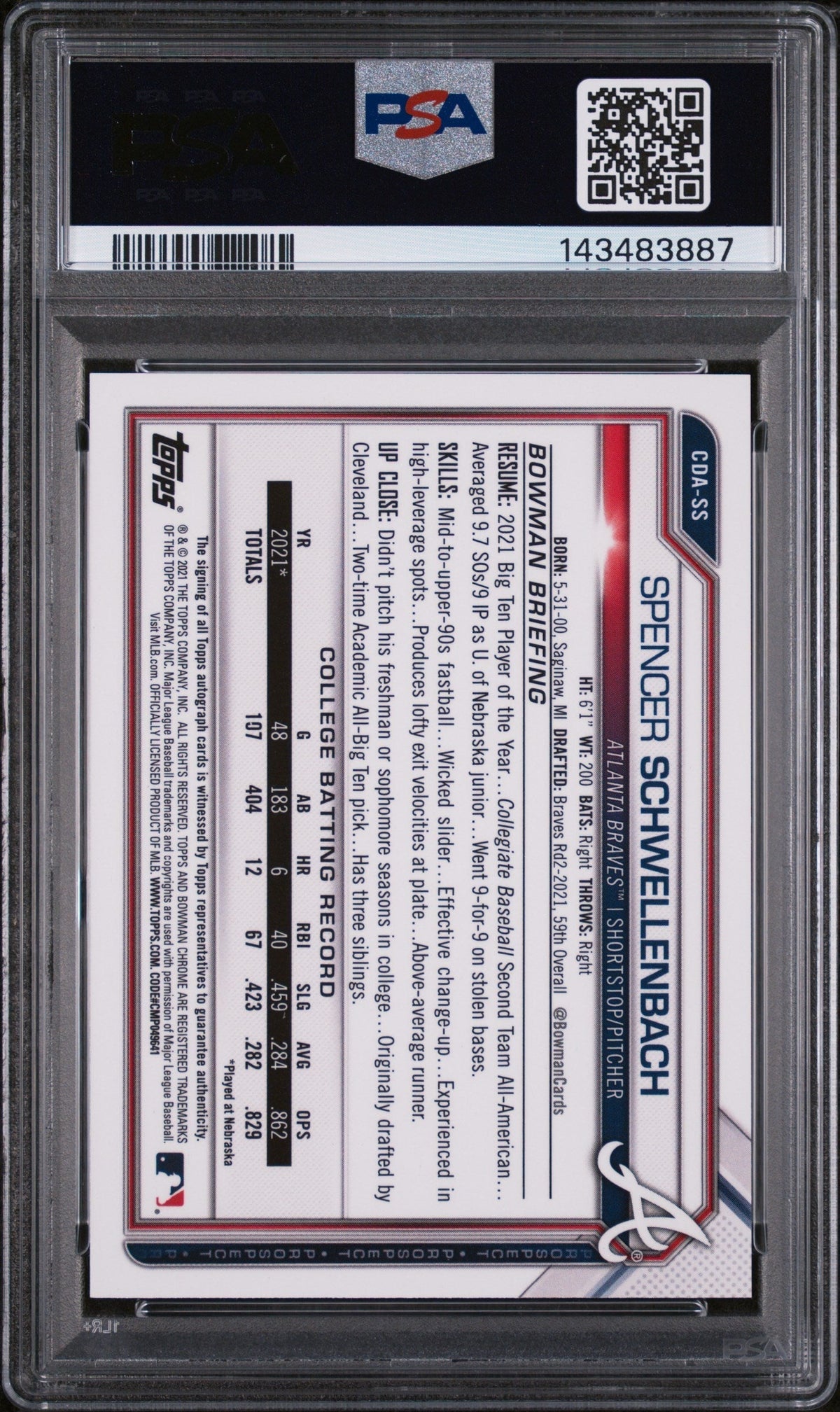 2021 Bowman Draft Chrome Autograph Spencer Schwellenbach #CDASS PSA 10