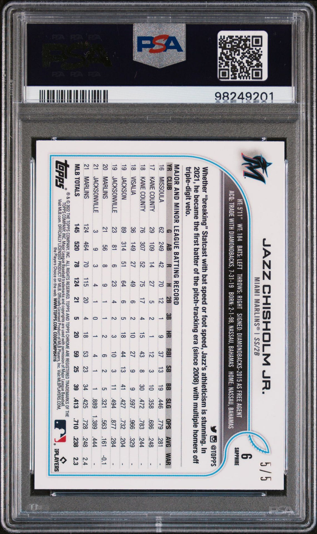 2022 Topps Chrome Sapphire Edition Red Jazz Chisholm Jr. #6 /5 5/5 PSA 10