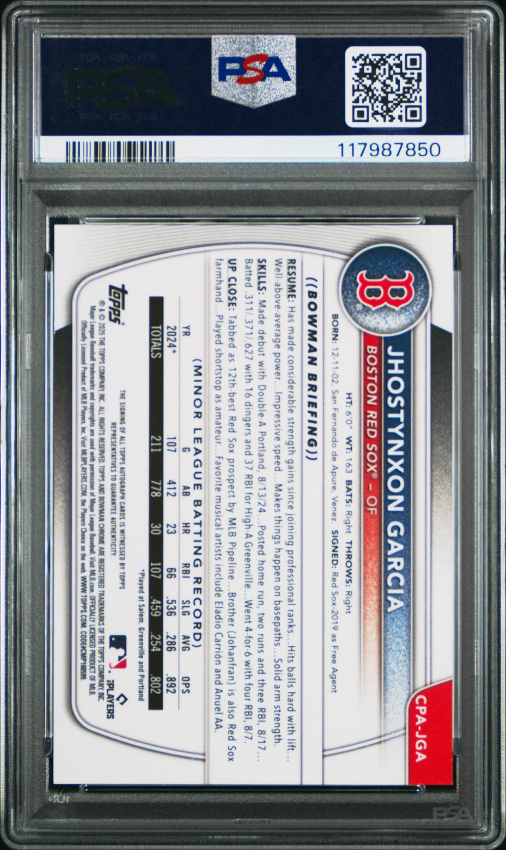 2025 Bowman Chrome Prospect Autographs Mini Diamond Jhostynxon Garcia #CPAJGA /100 PSA 10