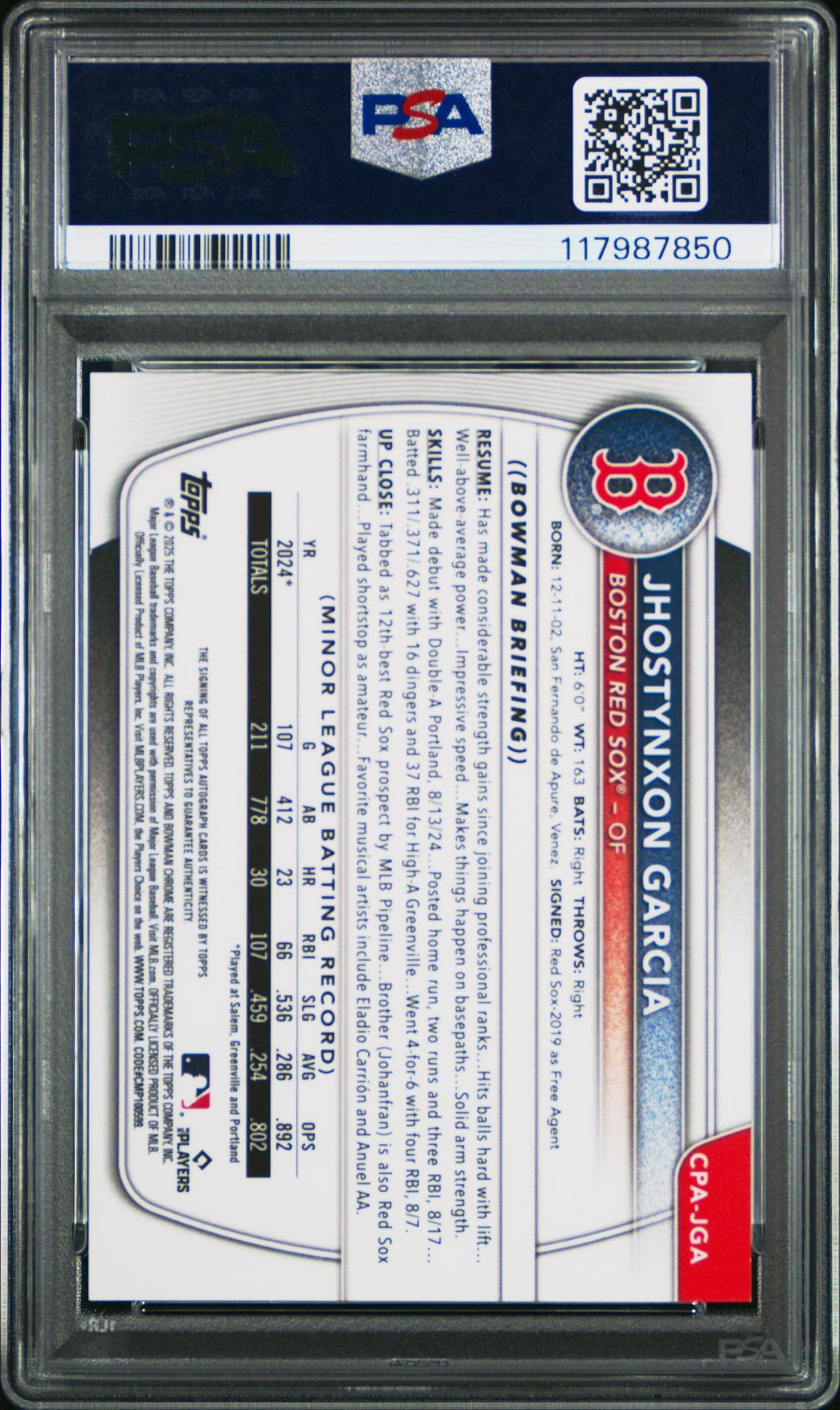 2025 Bowman Chrome Prospect Autographs Mini Diamond Jhostynxon Garcia #CPAJGA /100 PSA 10