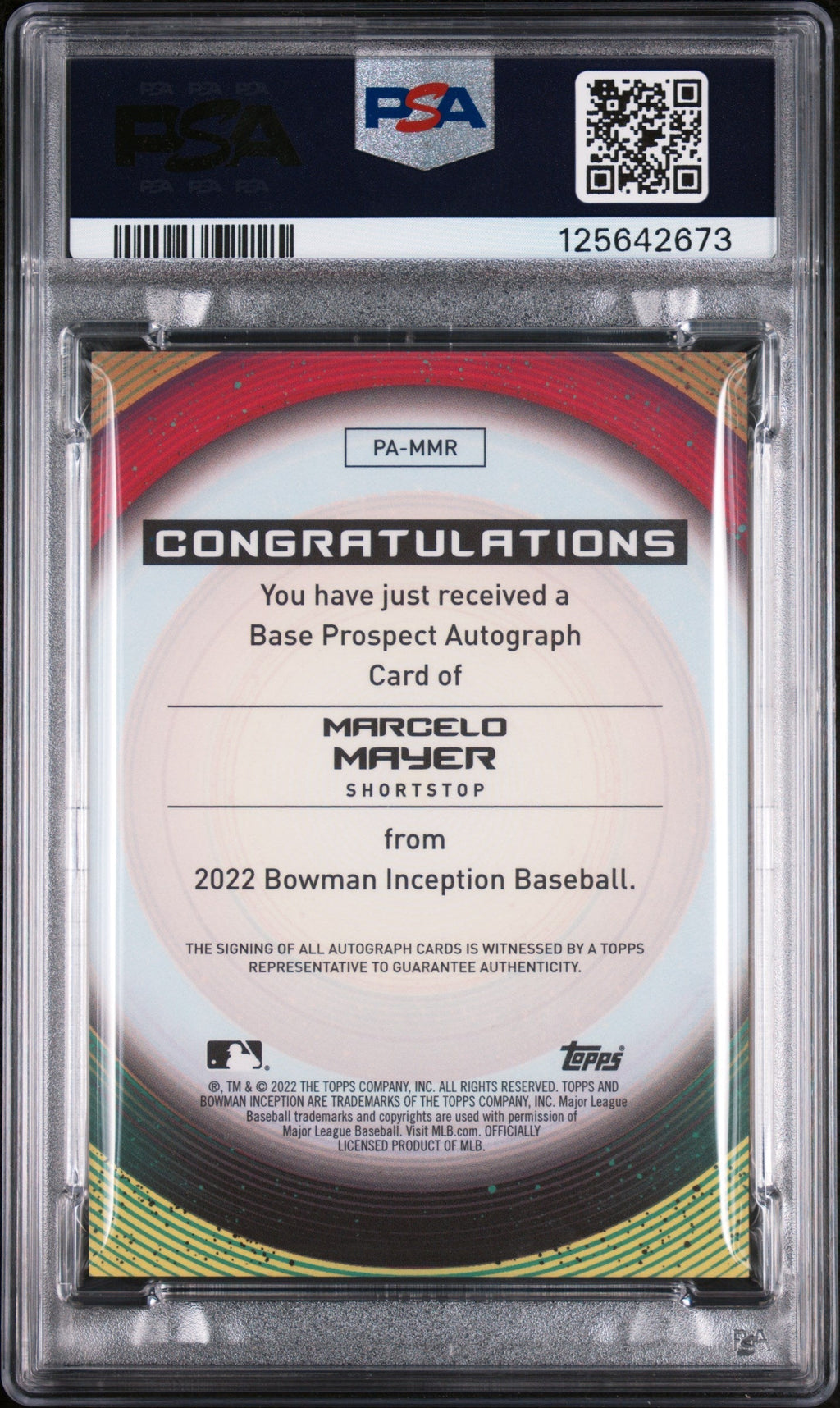 2022 Bowman Inception Prospect Autographs Fuchsia Foil Marcelo Mayer #PAMMR /75 PSA 10