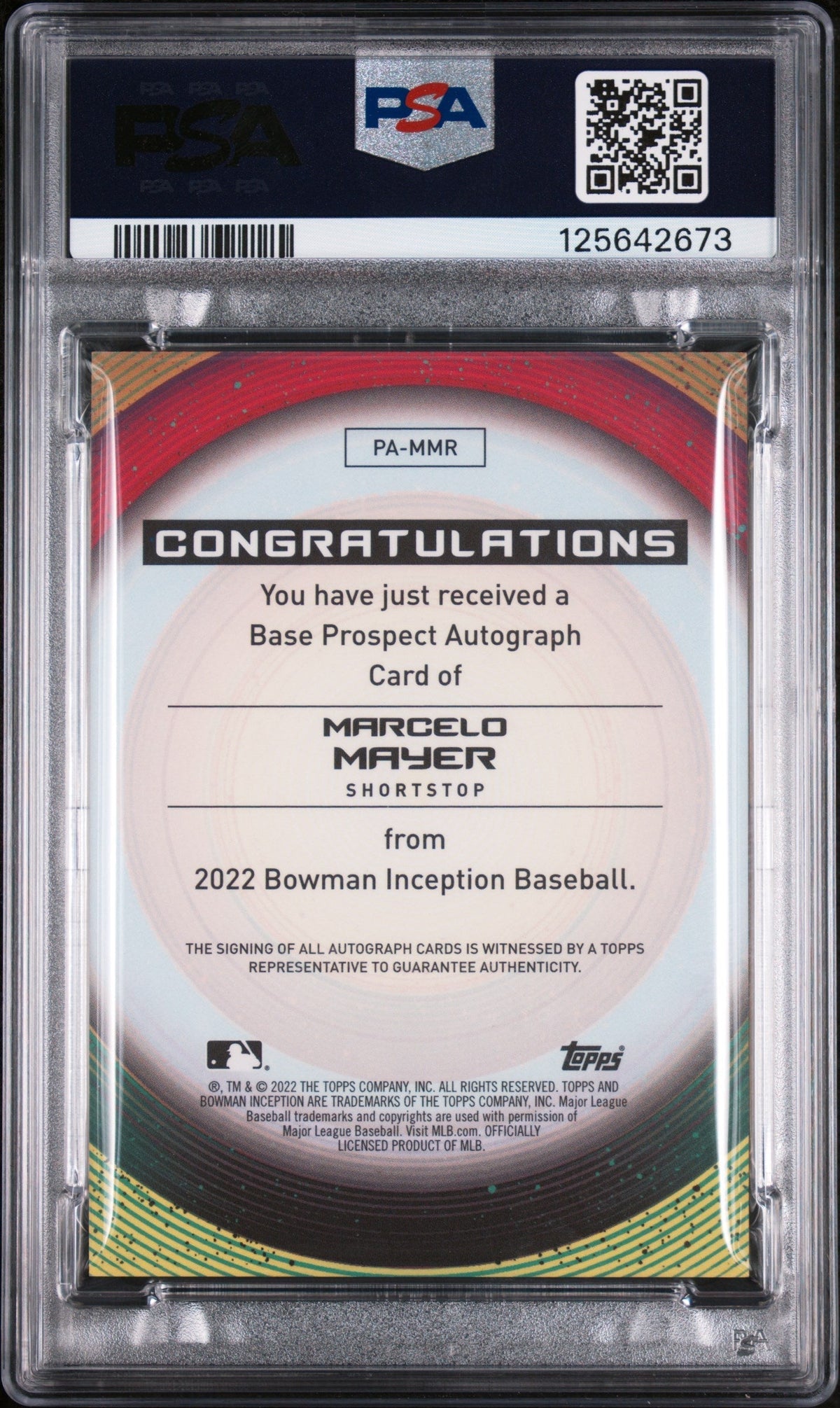 2022 Bowman Inception Prospect Autographs Fuchsia Foil Marcelo Mayer #PAMMR /75 PSA 10