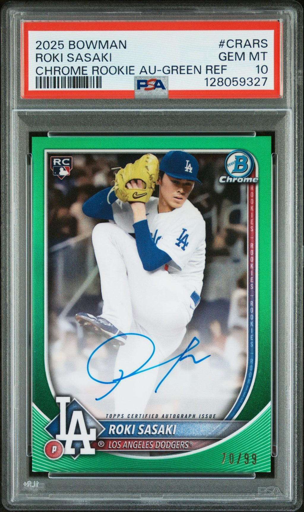 2025 Bowman Chrome Rookie Autographs Green Refractor Roki Sasaki #CRARS /99 PSA 10