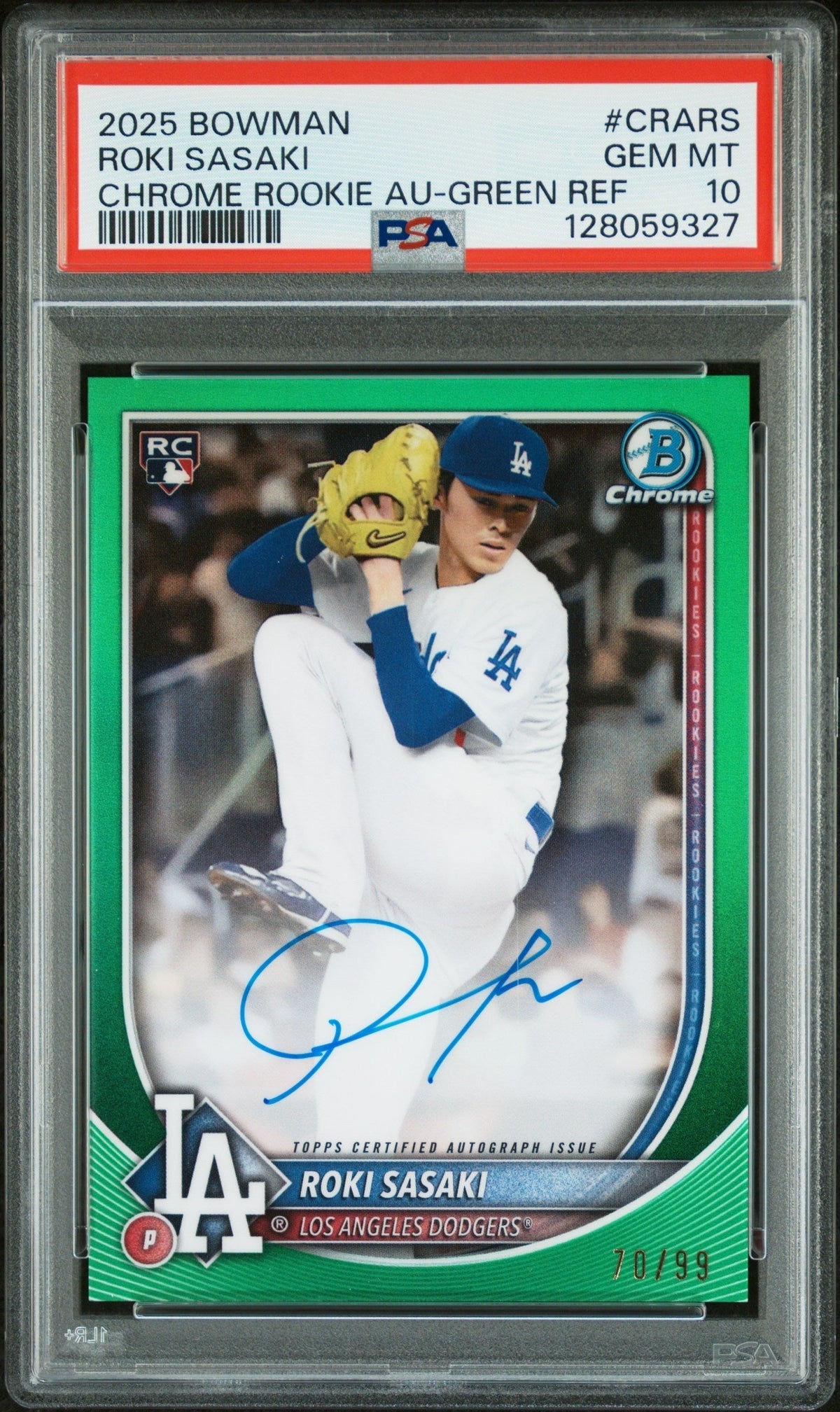 2025 Bowman Chrome Rookie Autographs Green Refractor Roki Sasaki #CRARS /99 PSA 10