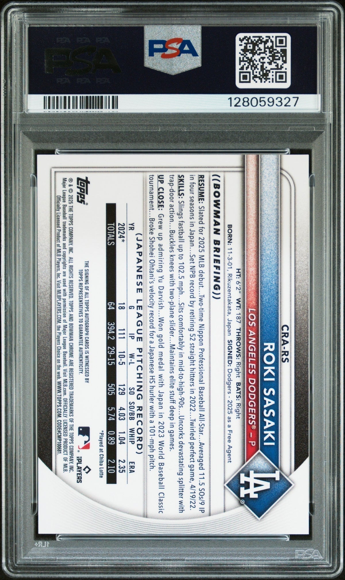 2025 Bowman Chrome Rookie Autographs Green Refractor Roki Sasaki #CRARS /99 PSA 10