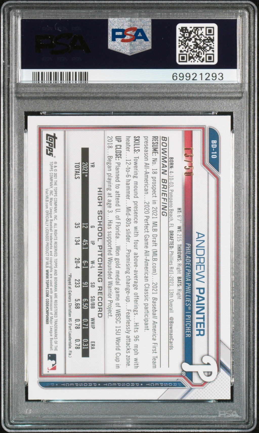 2021 Bowman Draft Gold Andrew Painter #BD10 /50 PSA 10