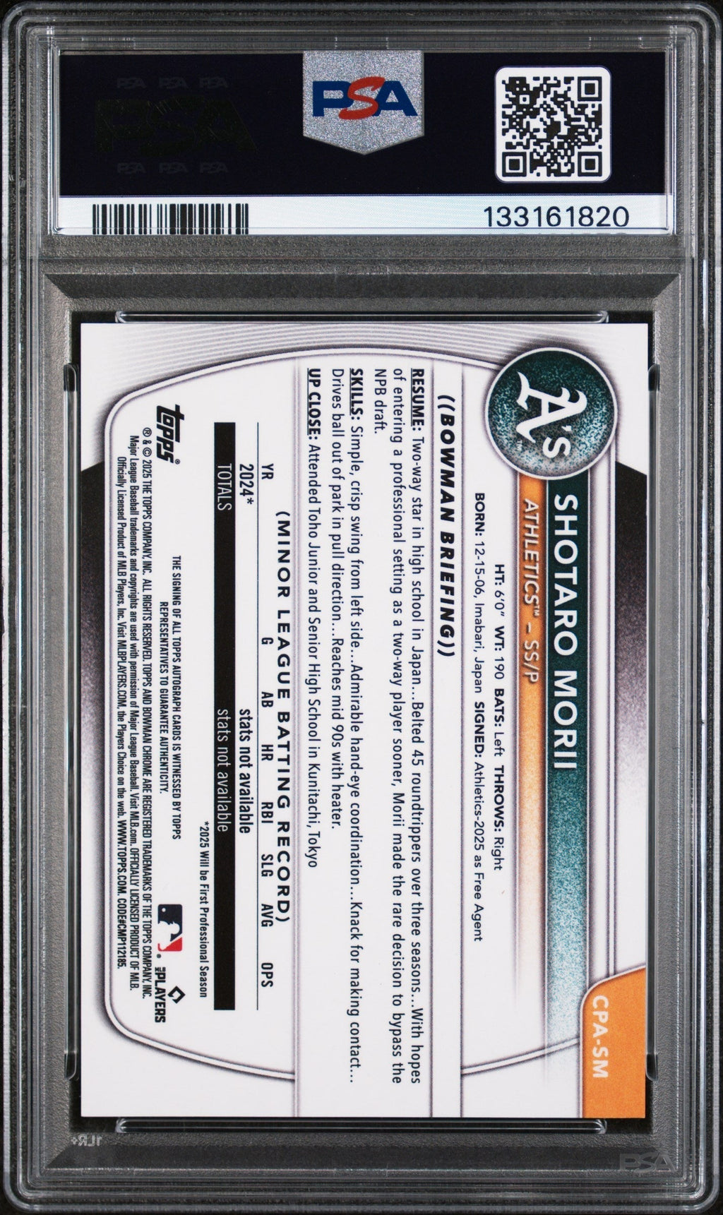 2025 Chrome Prospect Autographs Mini-Diamond Refractors Shotaro Morii #CPASM /100 PSA 9