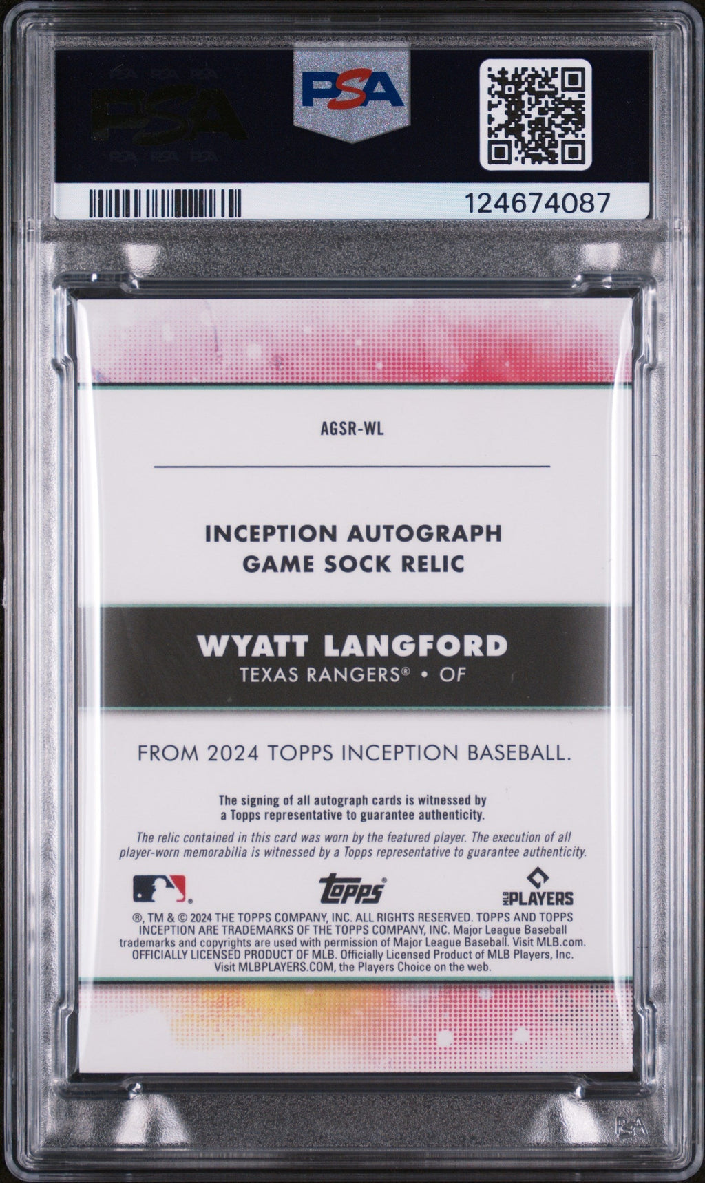 2024 Topps Inception Autographed Game Sock Relic Wyatt Langford #AGSRWL PSA 10