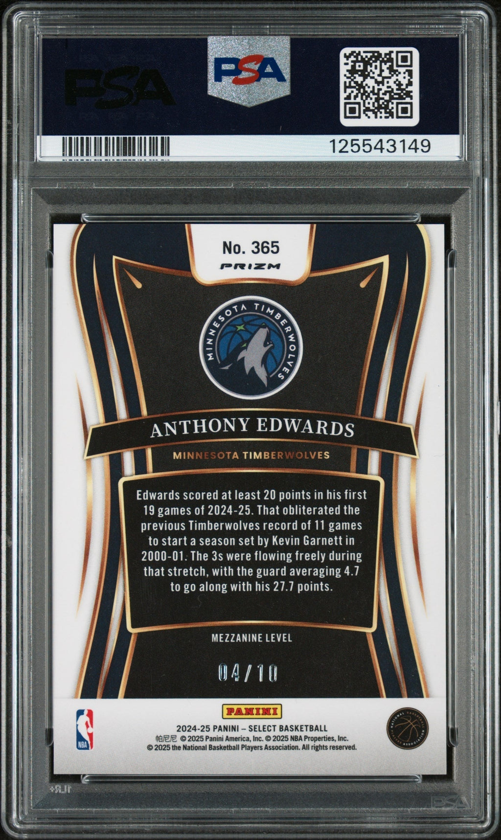 2024 Panini Select Gold Flash Anthony Edwards #365 /10 PSA 10