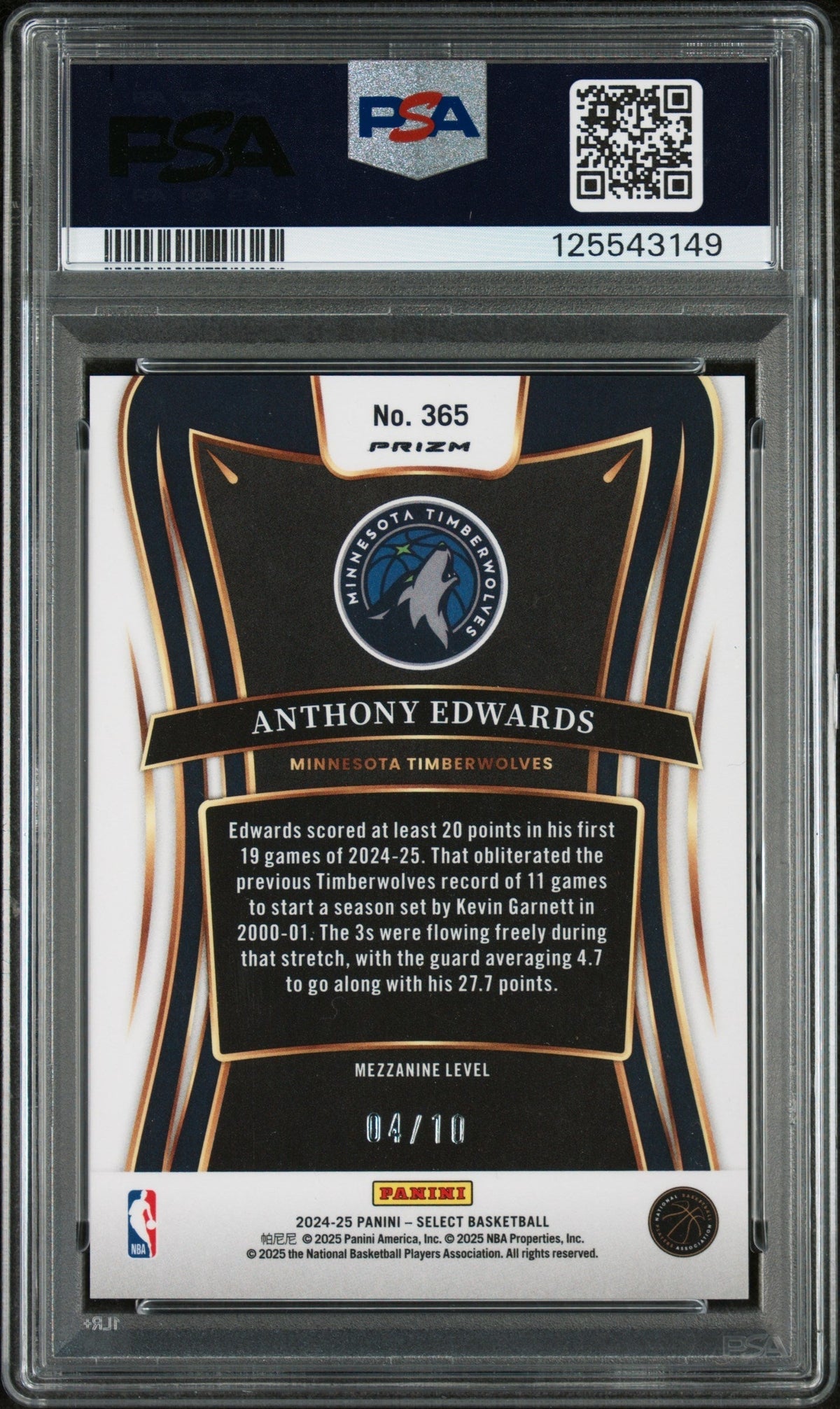 2024 Panini Select Gold Flash Anthony Edwards #365 /10 PSA 10