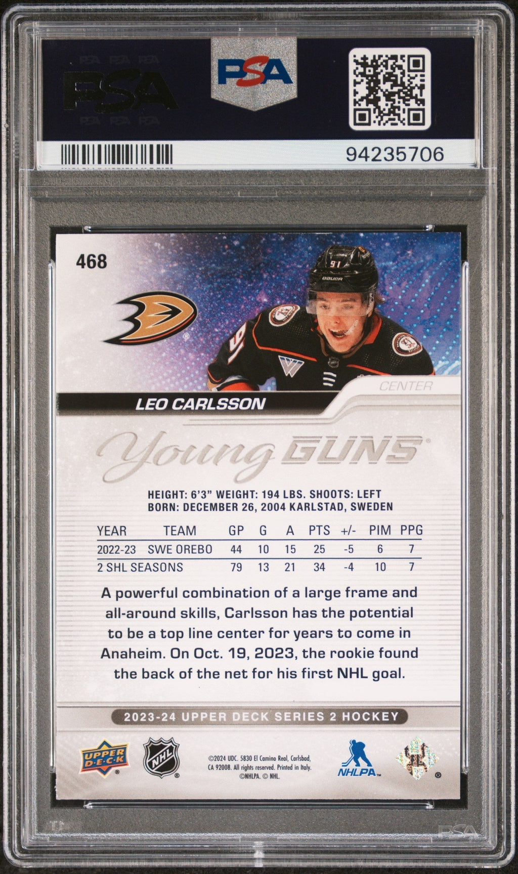 2023 Upper Deck Young Guns Outburst Silver Leo Carlsson #468 PSA 9