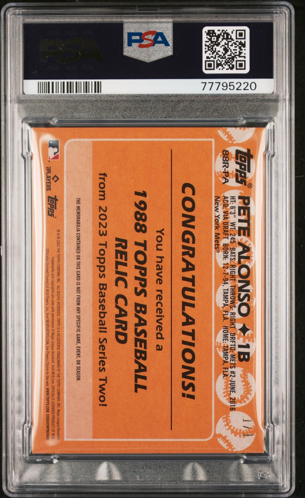 2023 Topps 1988 Topps Baseball Relics Series 2-Platinum 1/1 Pete Alonso #88RPA PSA 8