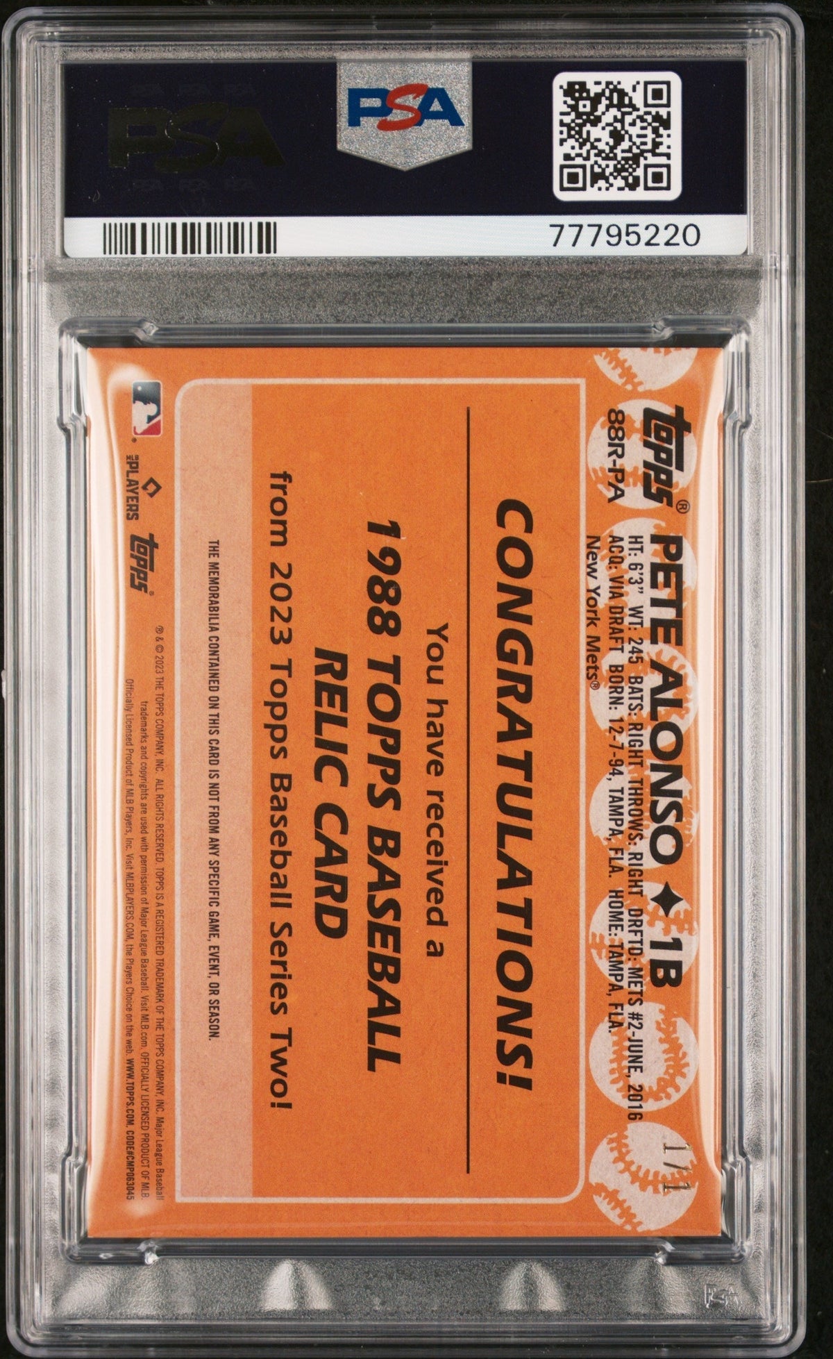 2023 Topps 1988 Topps Baseball Relics Series 2-Platinum 1/1 Pete Alonso #88RPA PSA 8