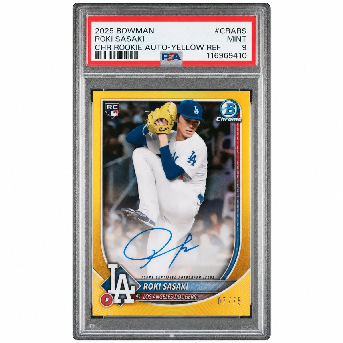 2025 Chrome Rookie Autographs Yellow Refractors Roki Sasaki #CRARS /75 PSA 9