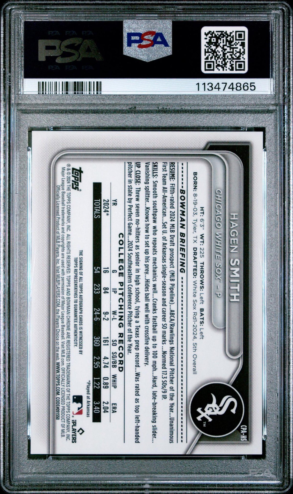 2024 Bowman Draft Chrome Prospect Autographs Gold Refractor Hagen Smith #CPAHS /50 PSA 10