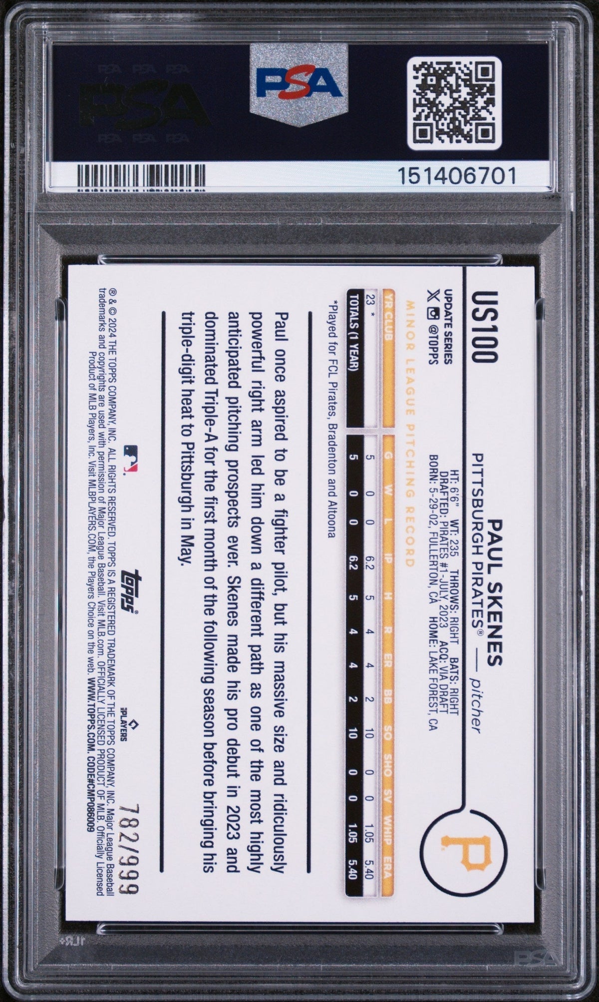 2024 Topps Update Blue Holo Foilboard Paul Skenes #US100 /999 PSA 10