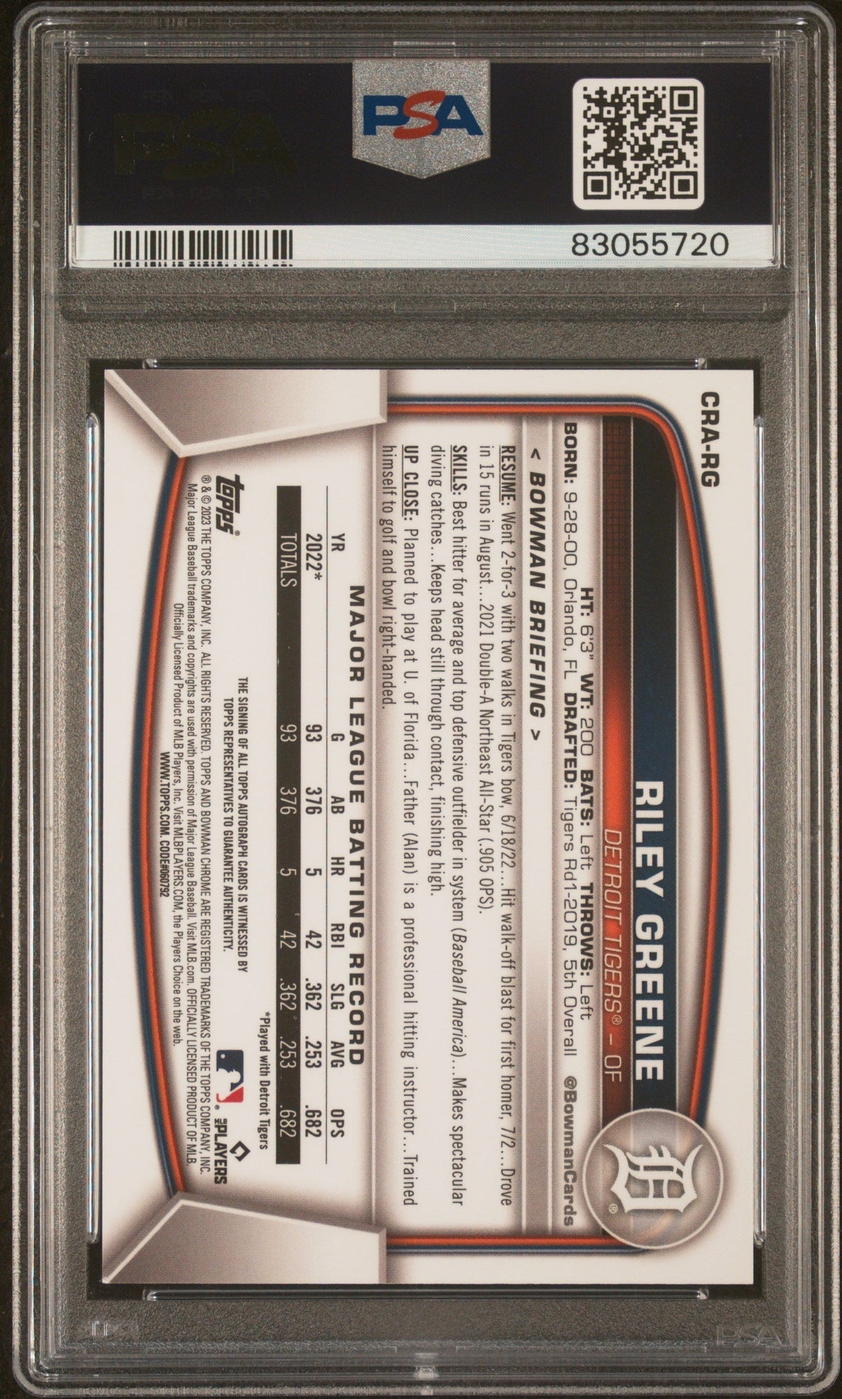 2023 Bowman Chrome Rookie Autograph Yellow Refractor Riley Greene #CRARG /75 PSA 9