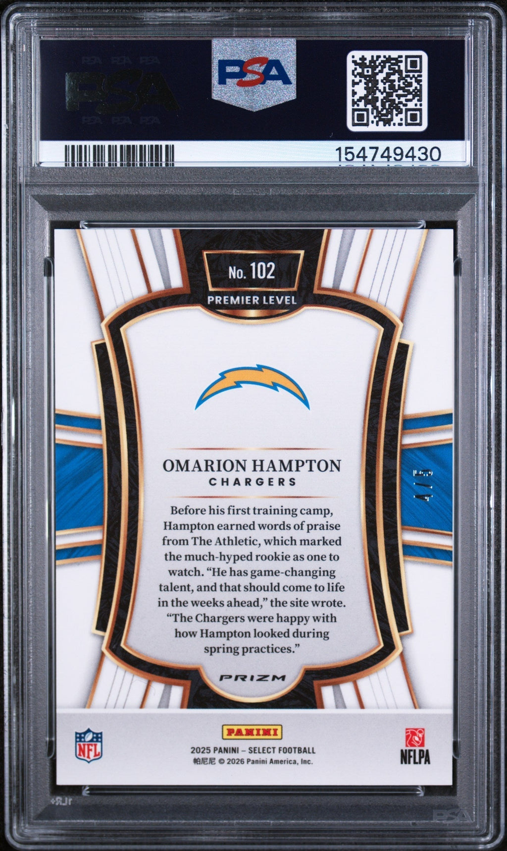 2025 Panini Select Prizm Green Omarion Hampton #102 /15 PSA 10