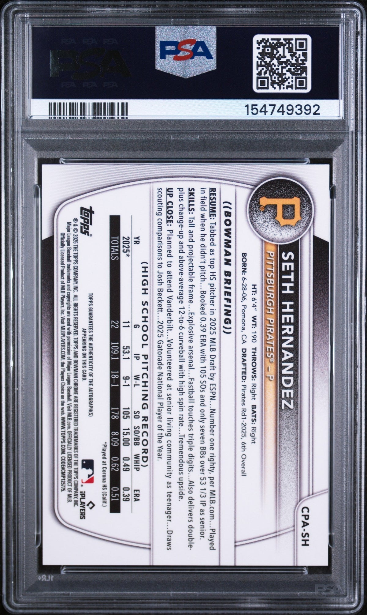 2025 Bowman Chrome Draft Autographs Purple Refractors Seth Hernandez #CPASH /250 PSA 10