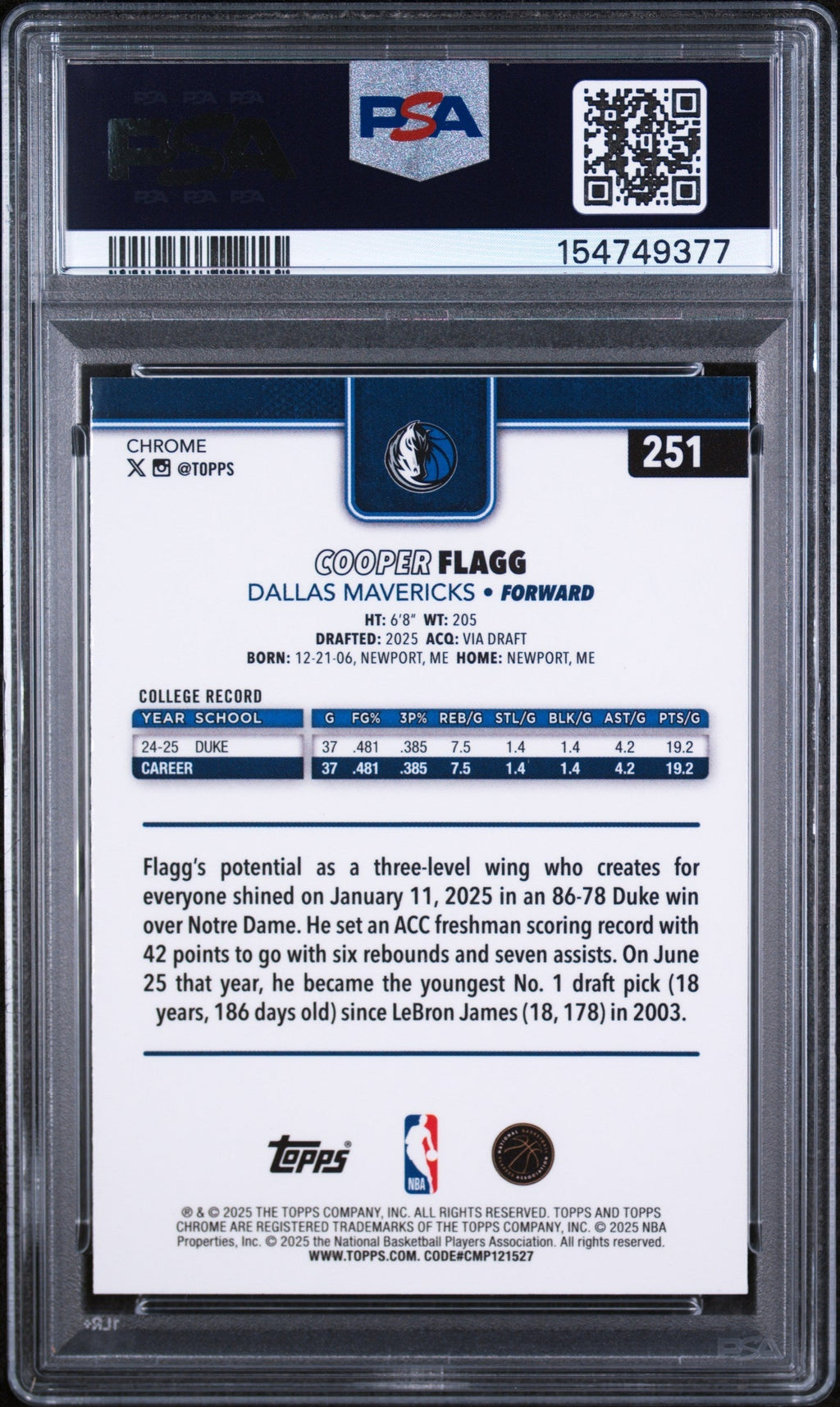 2025 Topps Chrome Basketball Refractor Cooper Flagg #251 PSA 9