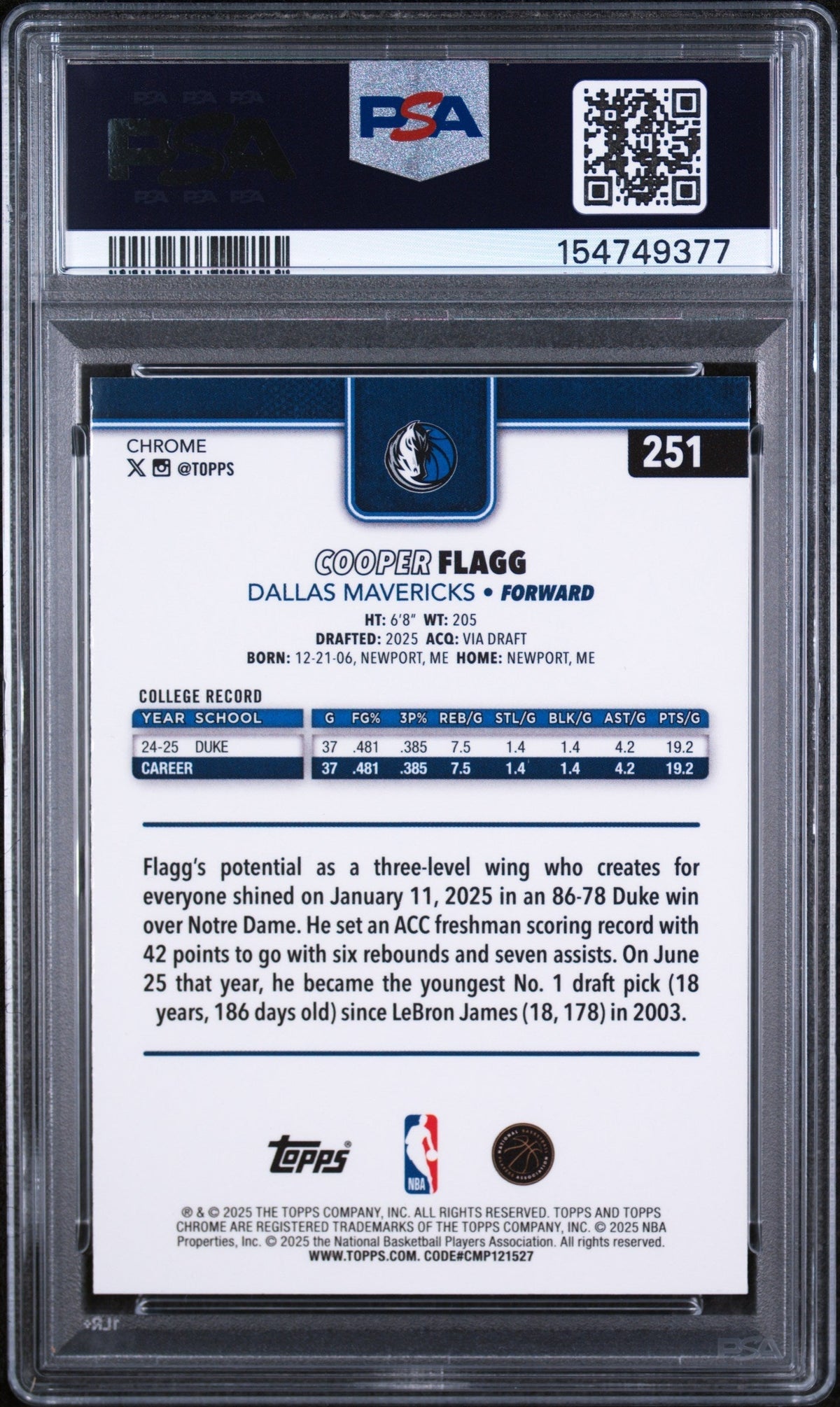 2025 Topps Chrome Basketball Refractor Cooper Flagg #251 PSA 9