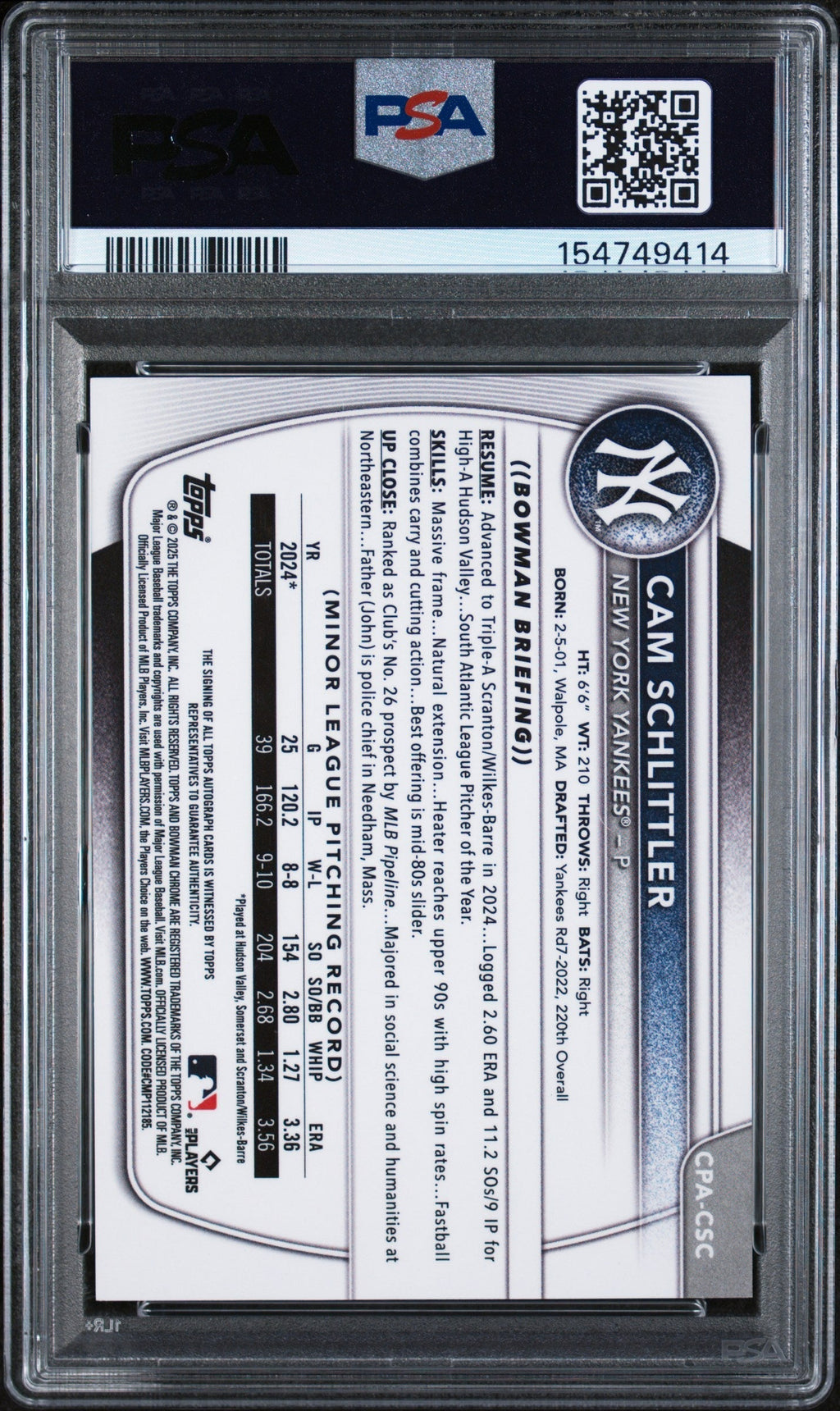 2025 Bowman Chrome Prospect Autographs Green Reptilian Cam Schlittler #CPACSC /99 PSA 9