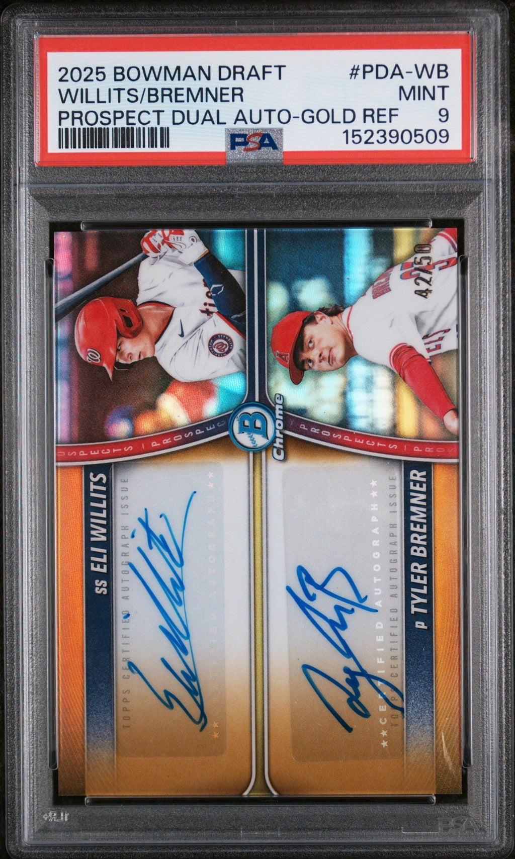 2025 Bowman Draft Prospect Dual Autographs Gold Refractor Eli Willits/Tyler Bremner #PDA-WB /25 PSA 9