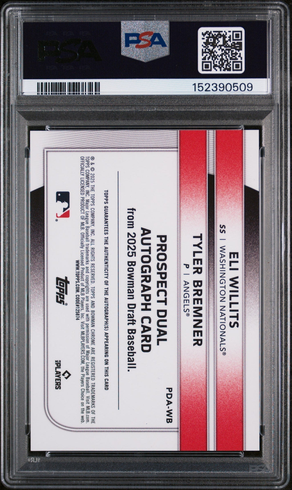 2025 Bowman Draft Prospect Dual Autographs Gold Refractor Eli Willits/Tyler Bremner #PDA-WB /25 PSA 9