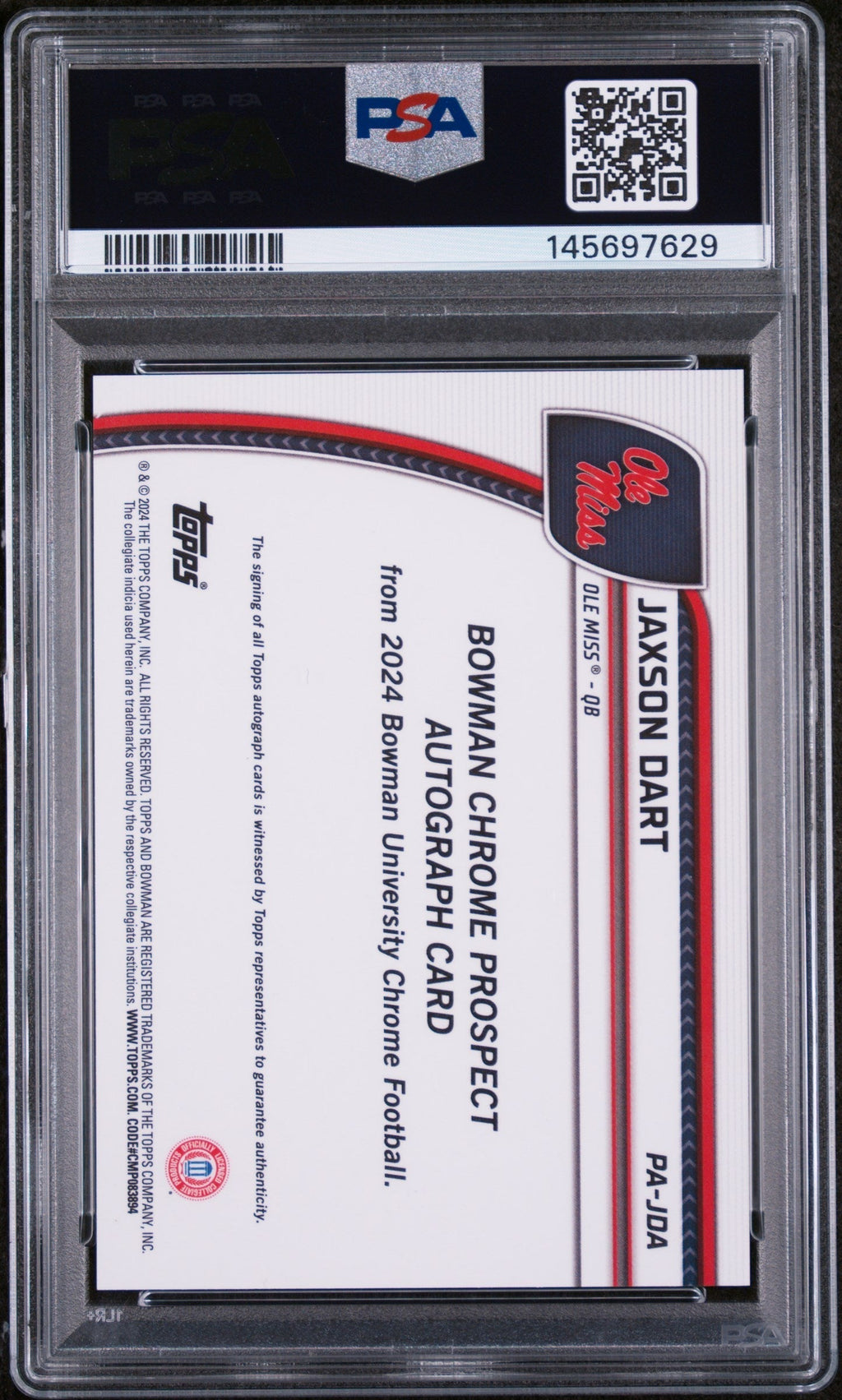 2024 Bowman University Chrome Bowman Chrome Prospect Autographs Prspct Au-B&G Stealth Ref Jaxson Dart #PAJDA /25 PSA 10