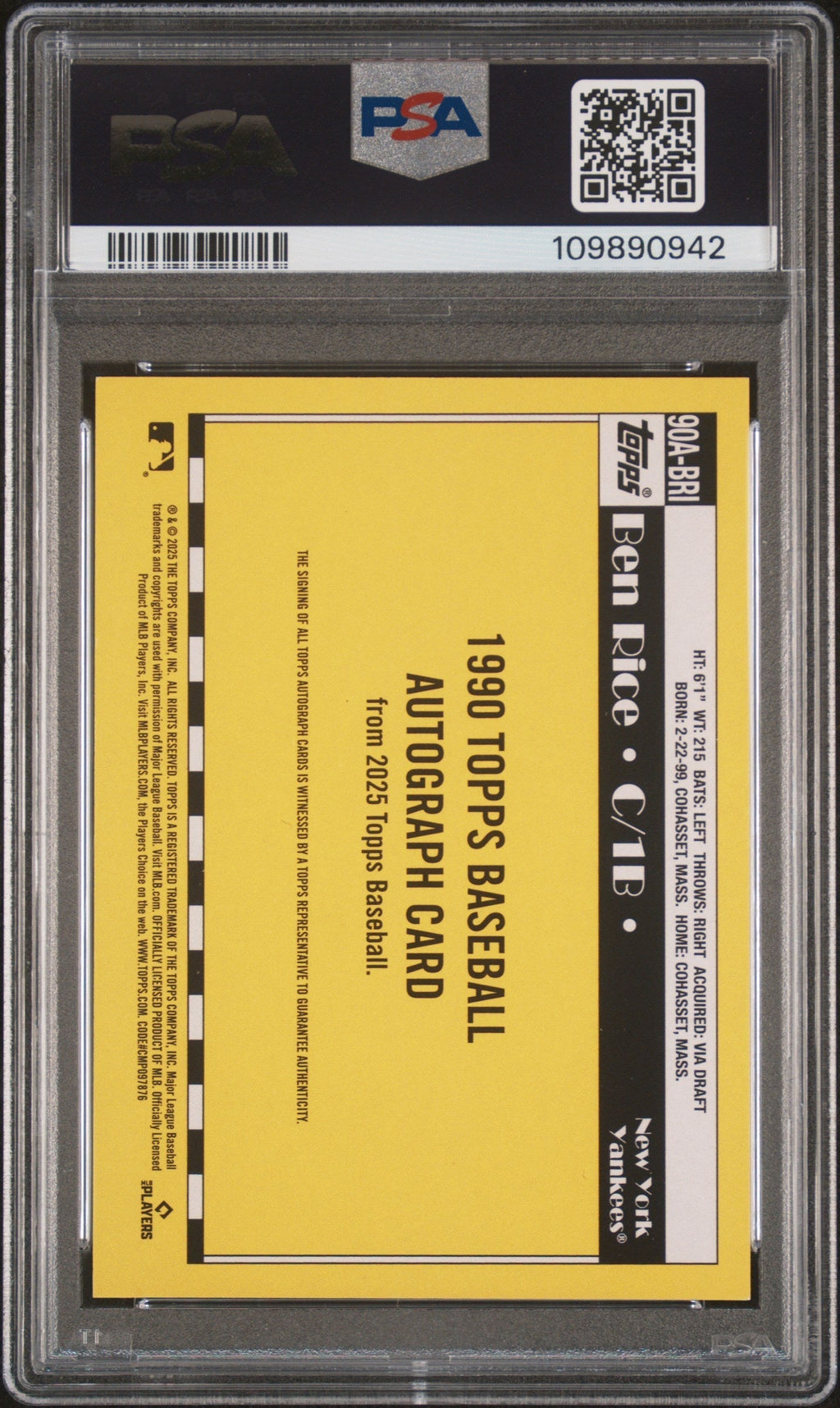 2025 Topps '90 Topps Autograph Ben Rice #90A-BRI PSA 8 109890942