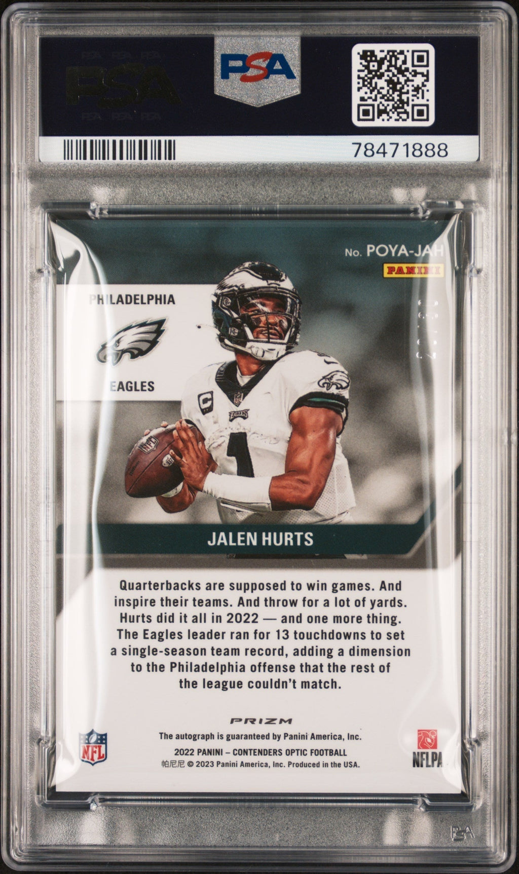 2022 Panini Contenders Optic Player of the Year Contenders Autographs Green Pulsar Jalen Hurts #POYAJAH PSA 9