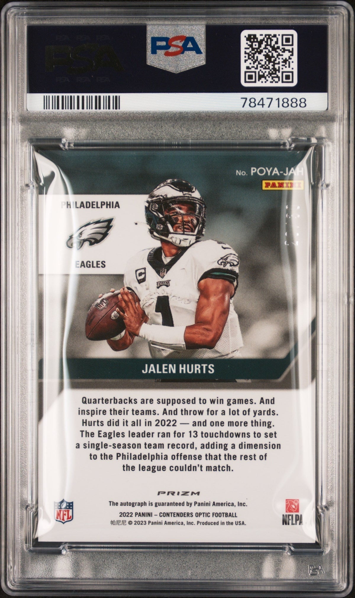 2022 Panini Contenders Optic Player of the Year Contenders Autographs Green Pulsar Jalen Hurts #POYAJAH PSA 9