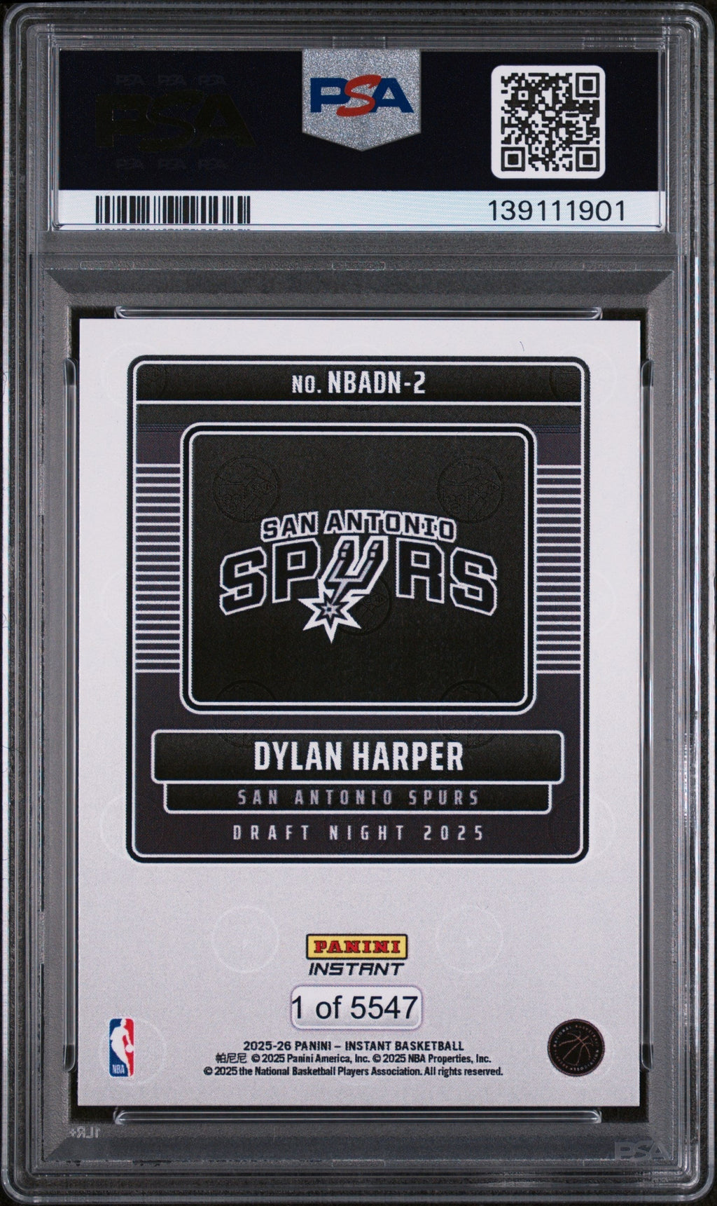 2025 Panini Instant Draft Night Dylan Harper #NBADN2 /5547 PSA 10