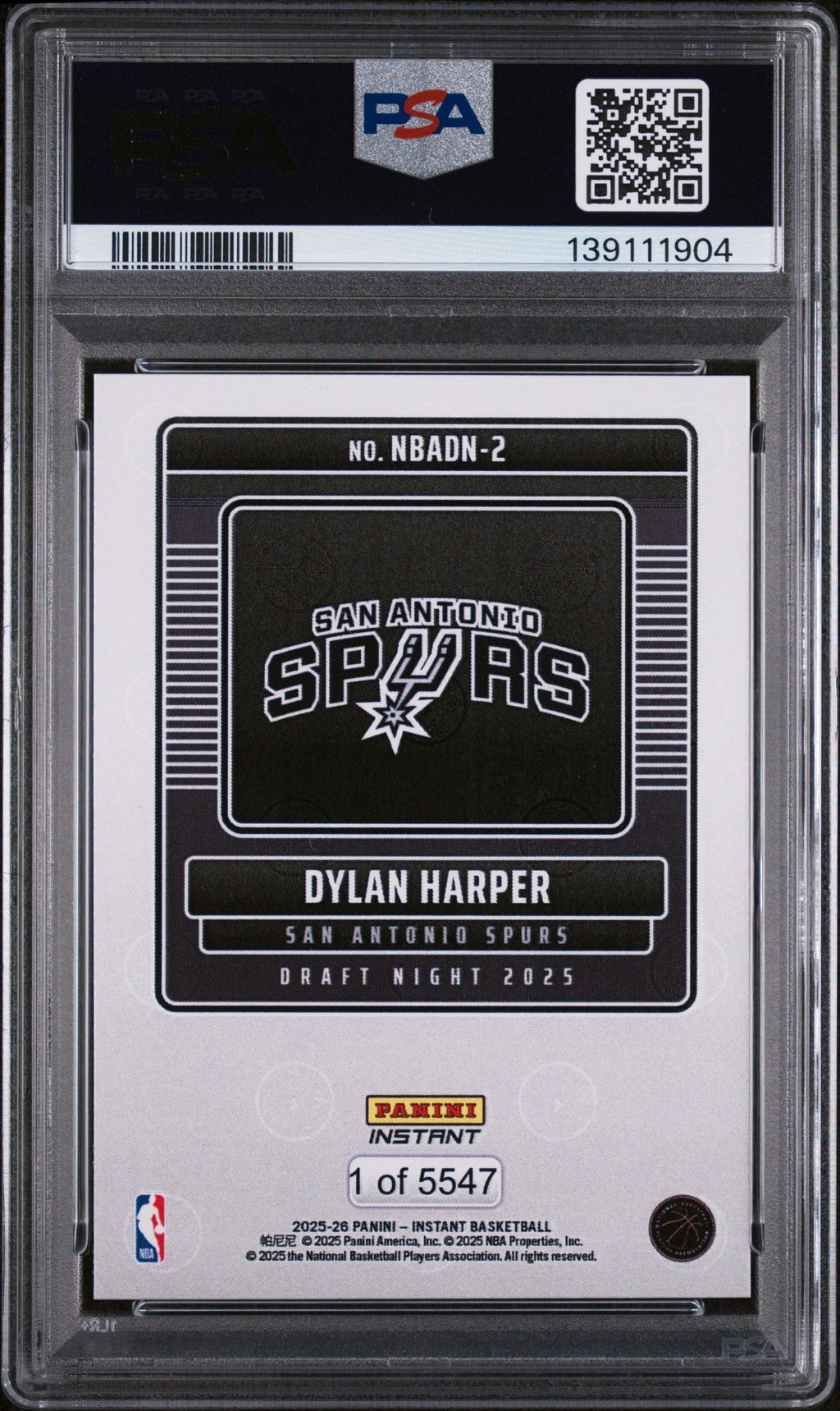 2025 Panini Instant Draft Night Dylan Harper #NBADN2 /5547 /1 PSA 10