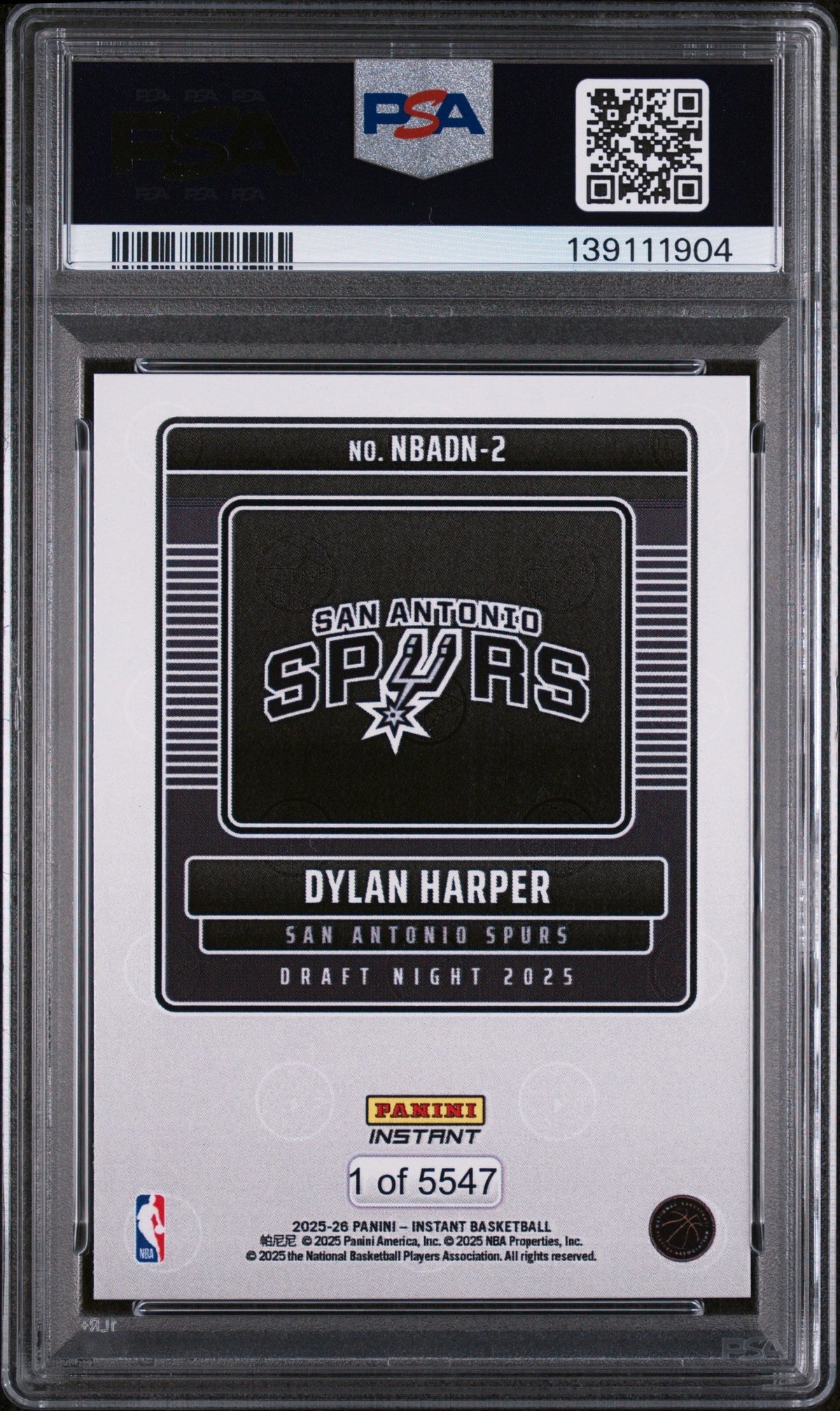 2025 Panini Instant Draft Night Dylan Harper #NBADN2 /5547 /1 PSA 10