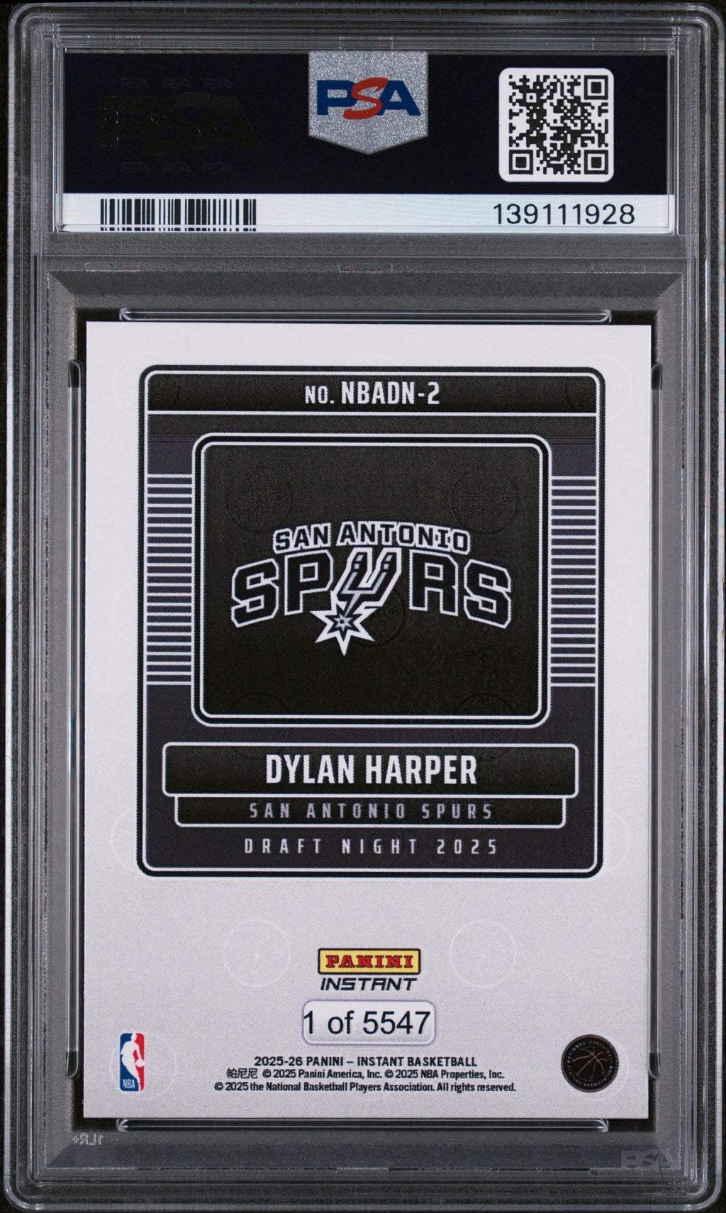 2025 Panini Instant Draft Night Dylan Harper #NBADN2 /5547 /1 PSA 10
