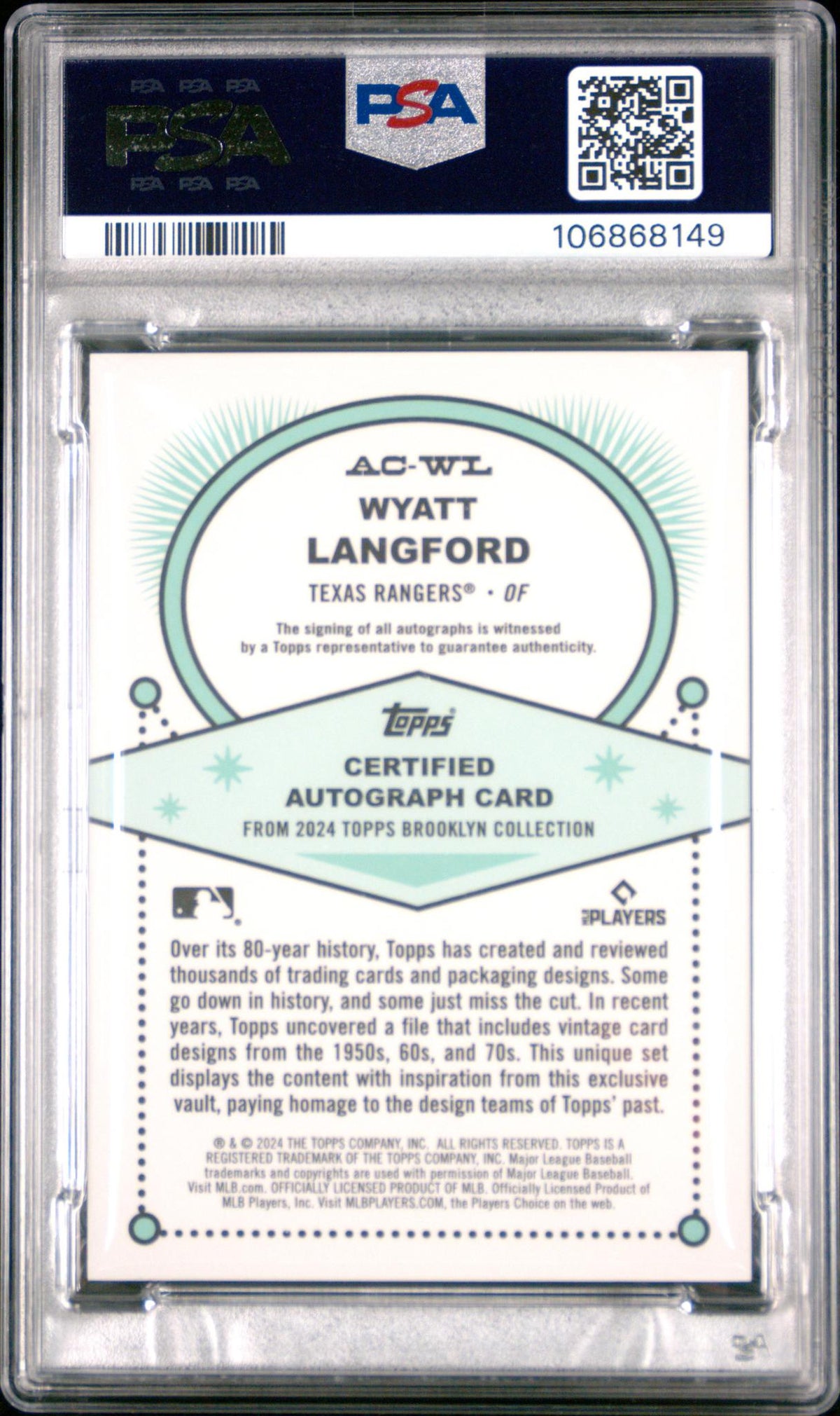 2024 Topps Brooklyn Collection Autograph Wyatt Langford #ACWL PSA 10