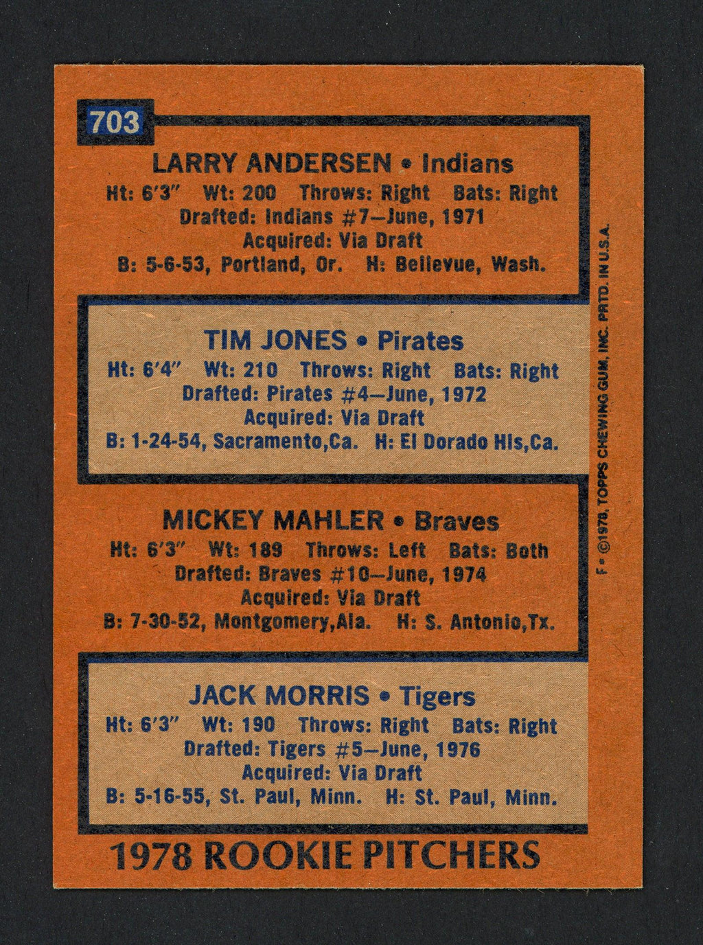 Jack Morris Autographed 1978 Topps Rookie Card #703 Detroit Tigers SKU #161603