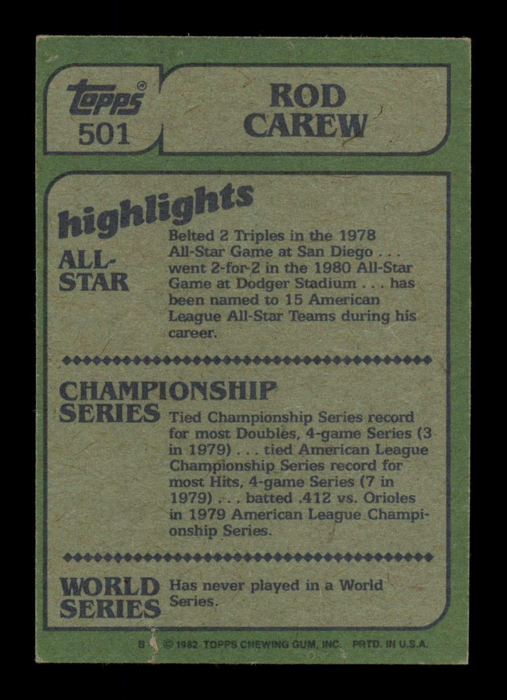 Rod Carew Autographed 1982 Topps In Action Card #501 California Angels SKU #186600