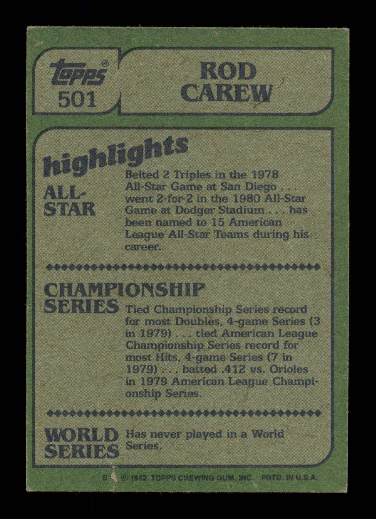 Rod Carew Autographed 1982 Topps In Action Card #501 California Angels SKU #186600