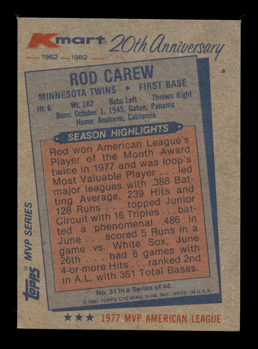 Rod Carew Autographed 1982 Topps K-Mart Card #31 Minnesota Twins SKU #186609