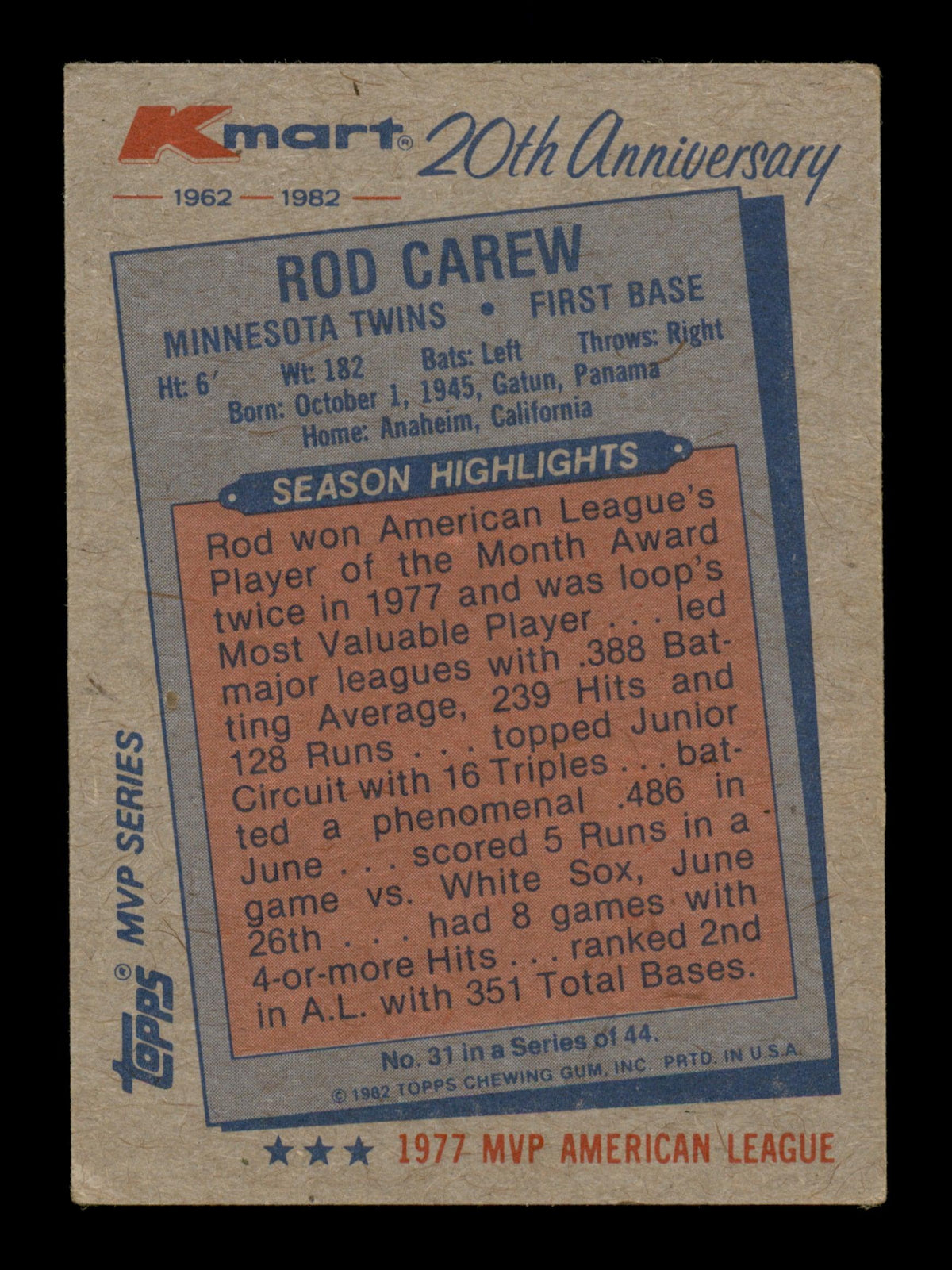 Rod Carew Autographed 1982 Topps K-Mart Card #31 Minnesota Twins SKU #186610