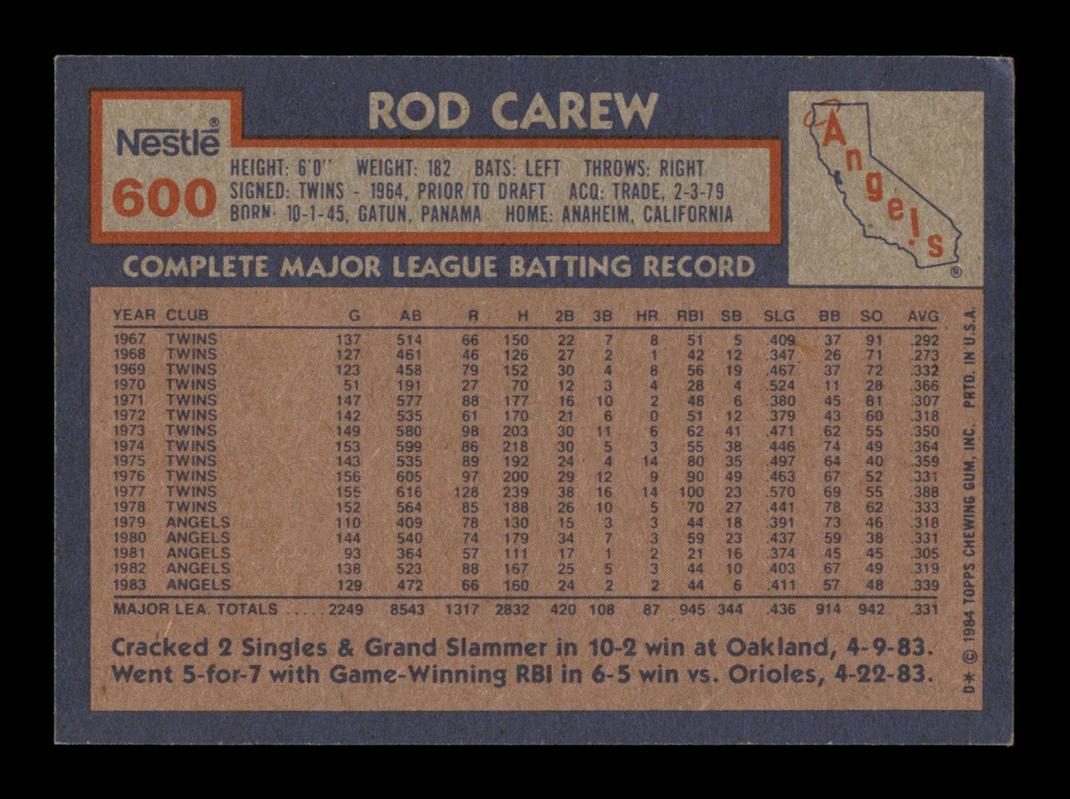 Rod Carew Autographed 1984 Topps Nestle Card #600 California Angels SKU #186668